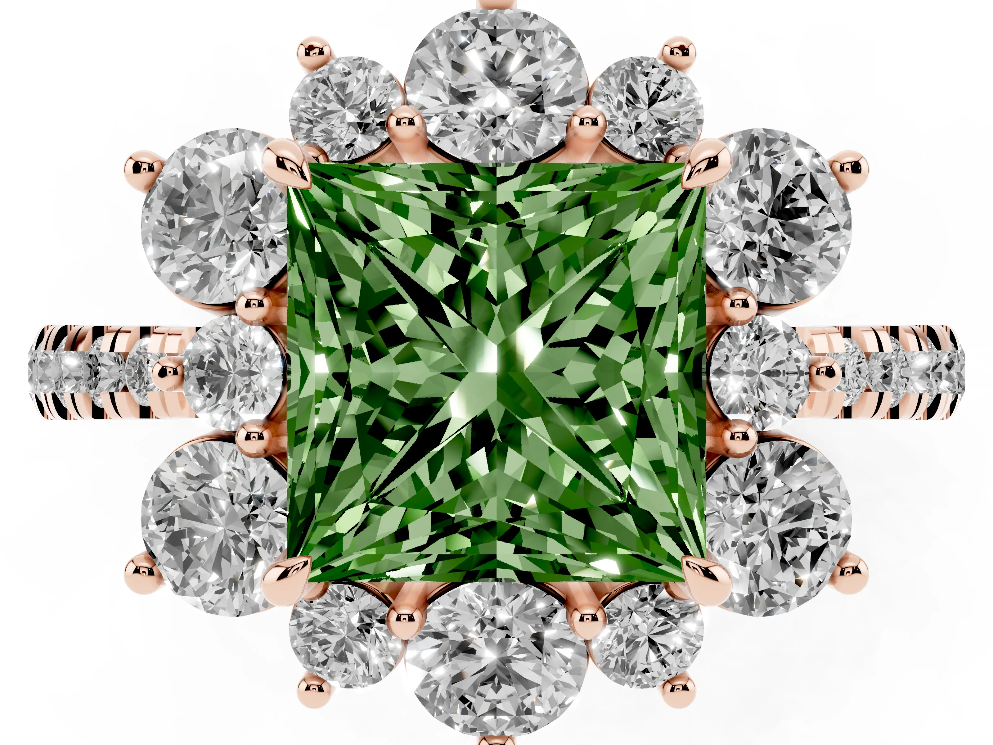 Fancy Green Princess Cut Diamond Floral Halo Ring Set in Rose gold with Round Pavé Band and Prong Setting