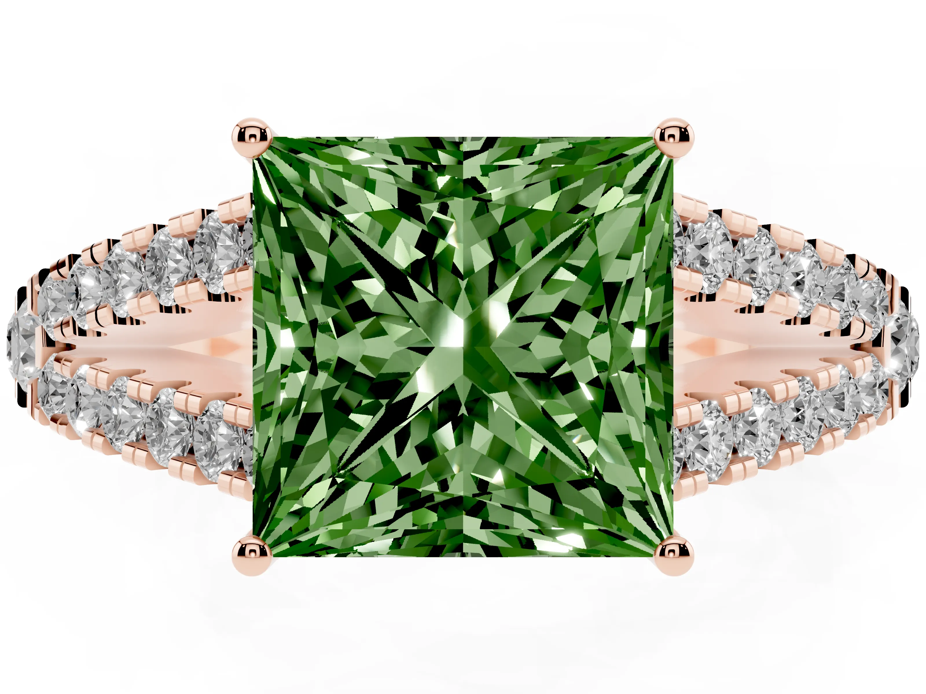 Fancy Green Princess Cut Diamond Split Shank Pavé Engagement Ring Set in Rose gold with Prong-Held Center Stone
