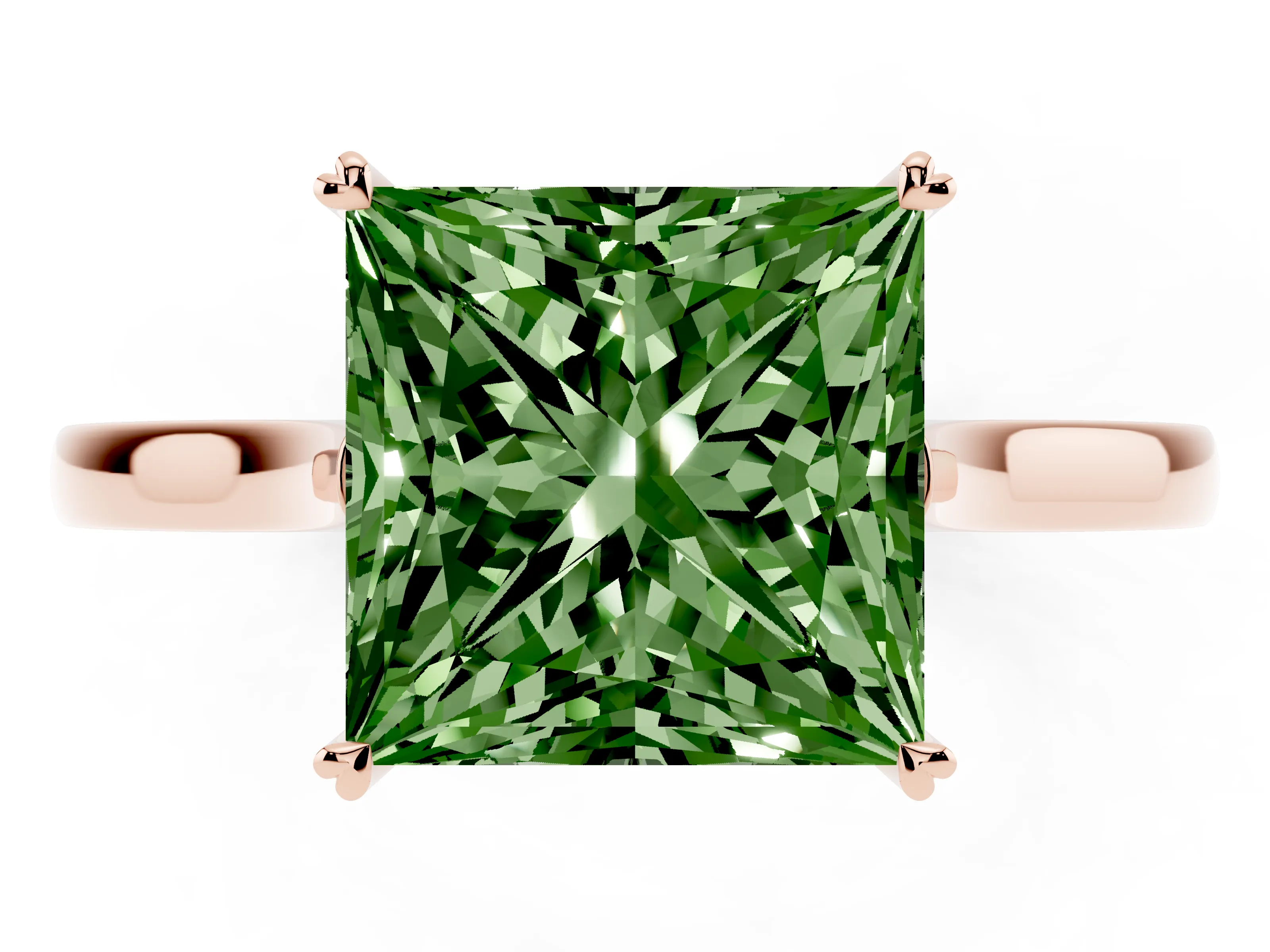 Fancy Green Princess Cut Diamond Solitaire Heart Prong Engagement Ring Set in Rose gold with Tapered Band