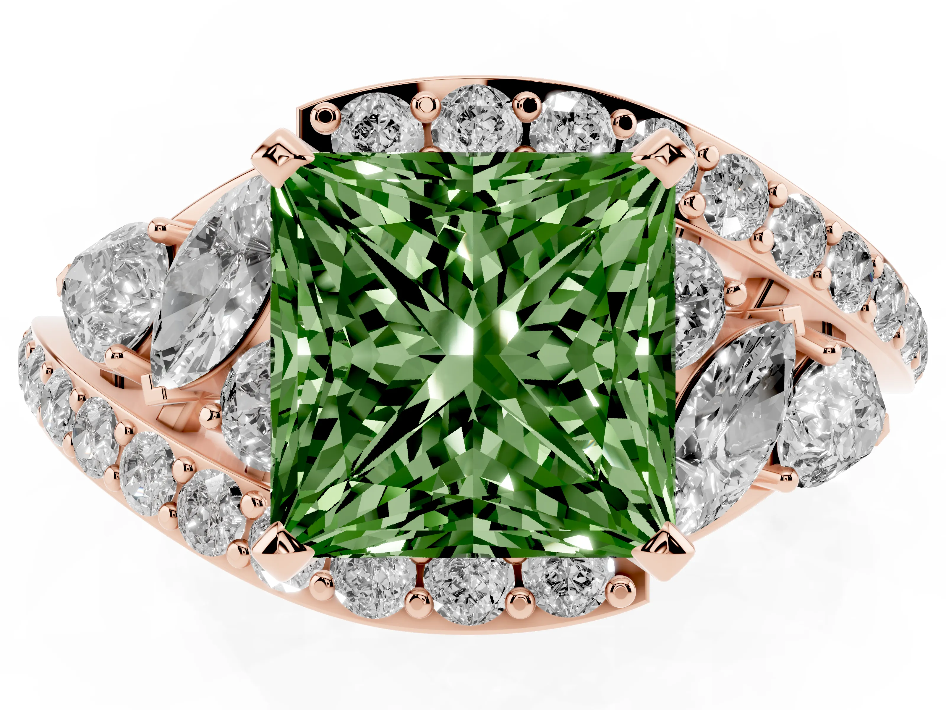 Fancy Green Princess Cut Diamond Halo Ring Set in Rose gold with Marquise and Pavé Band in Prong Setting