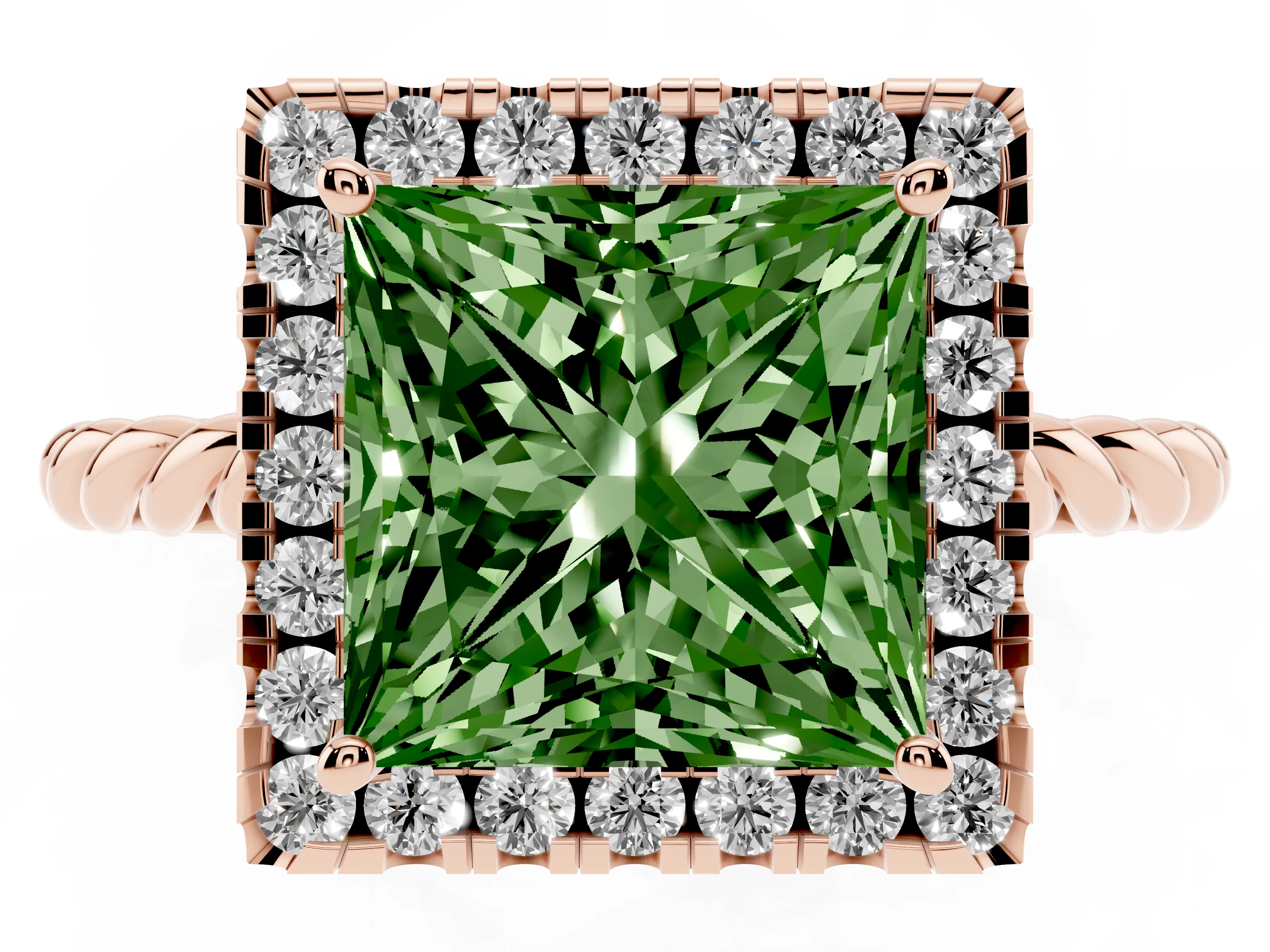 Fancy Green Princess Cut Diamond Halo Ring Set in Rose gold with Plain Twisted Band