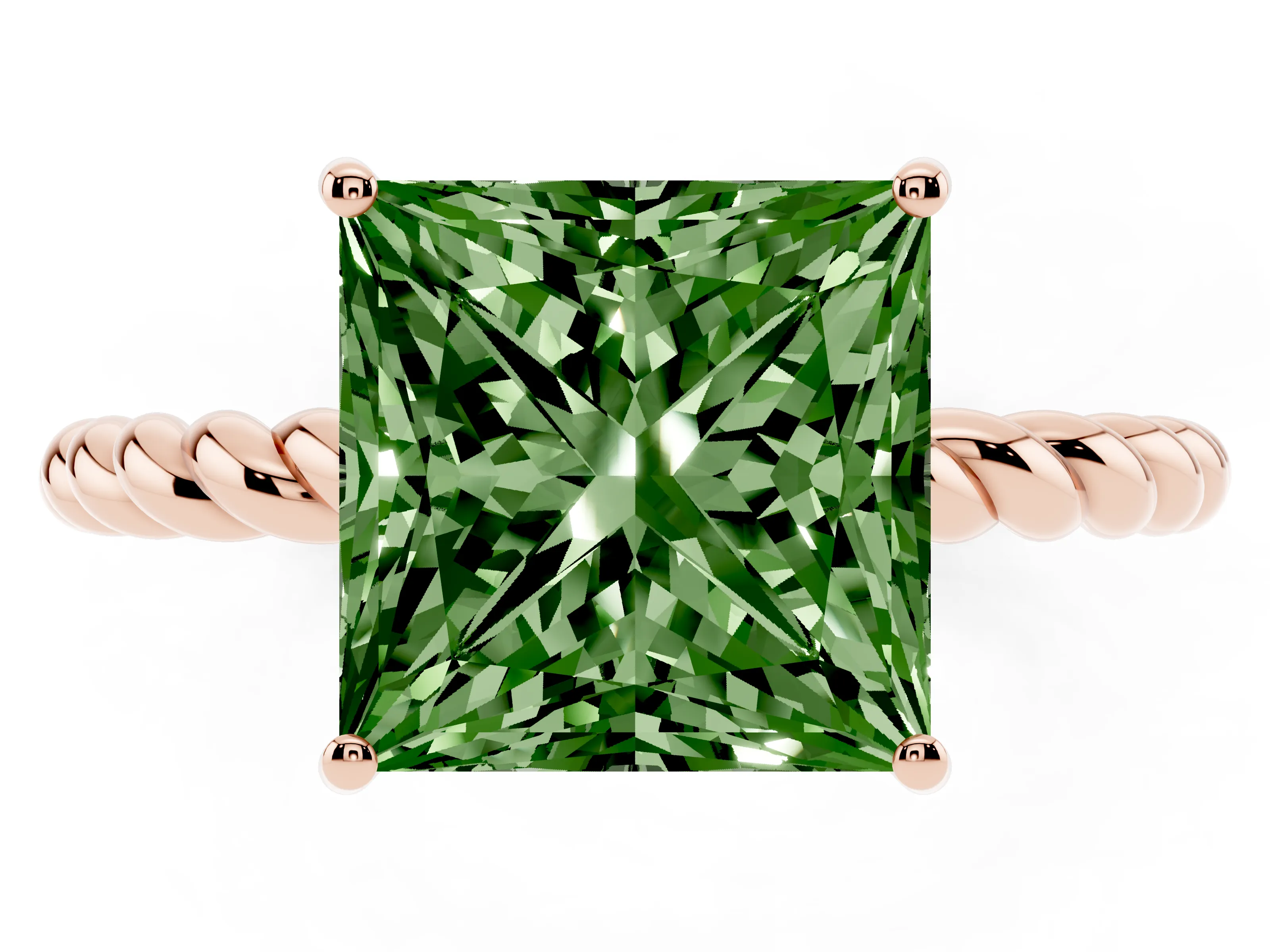 Fancy Green Princess Cut Diamond Solitaire Ring Set in Rose gold with Twist Band and Prong Setting