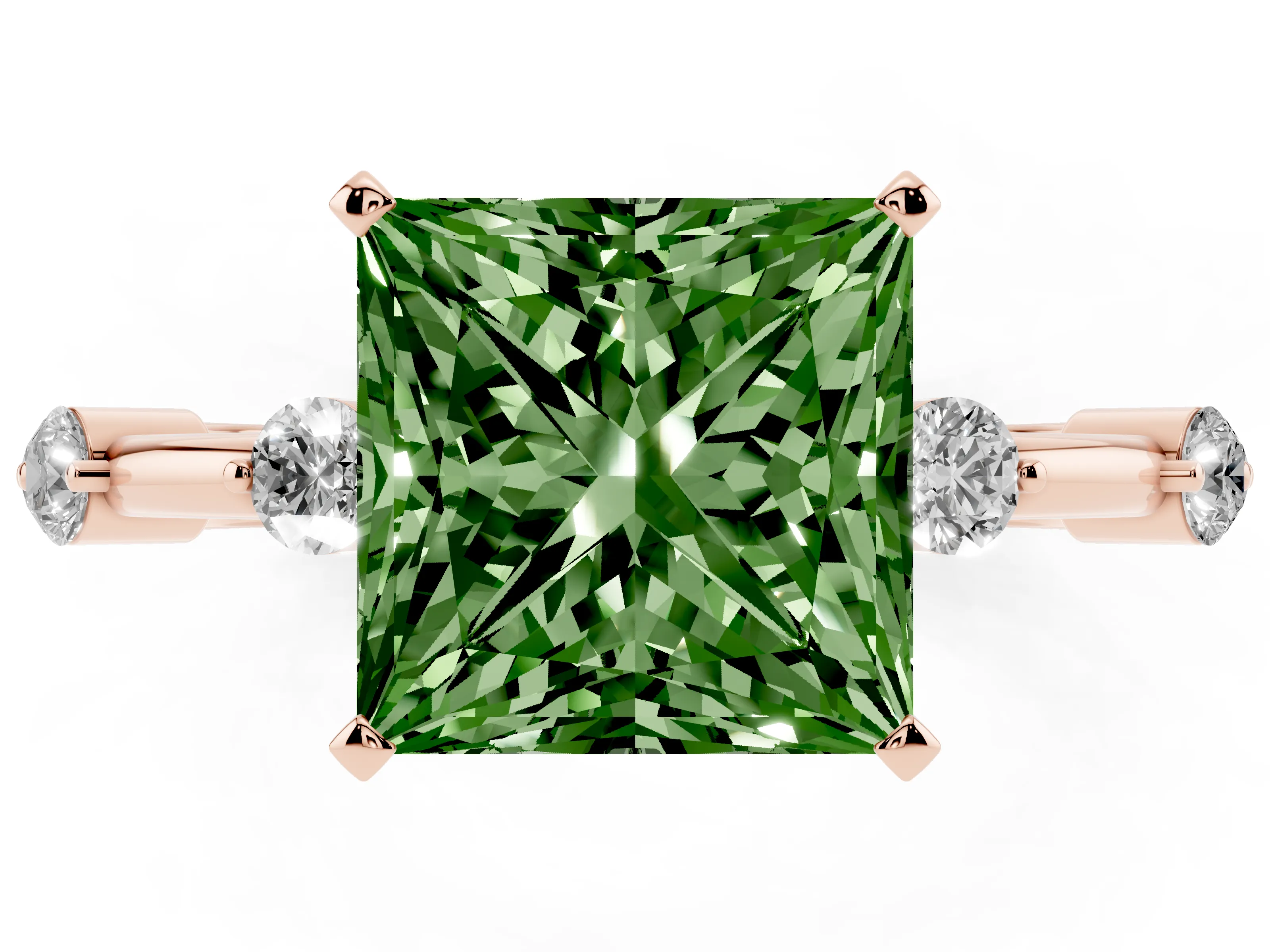 Fancy Green Princess Cut Diamond Solitaire Ring Set in Rose gold with Bezel Set Side Stones and Prong Setting