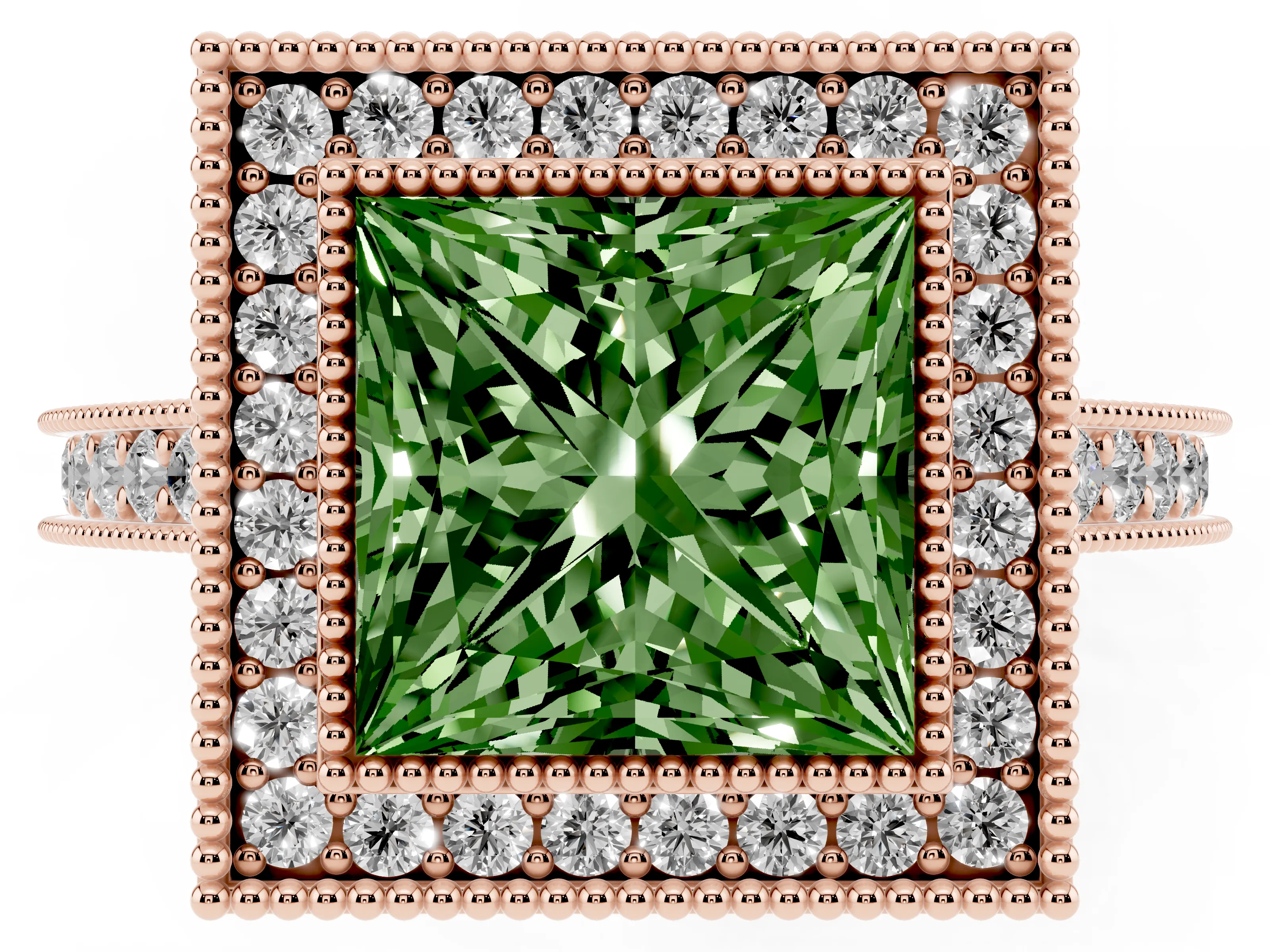 Fancy Green Princess Cut Diamond Halo Milgrain Pavé Band Ring Set in Rose gold with Prong Setting