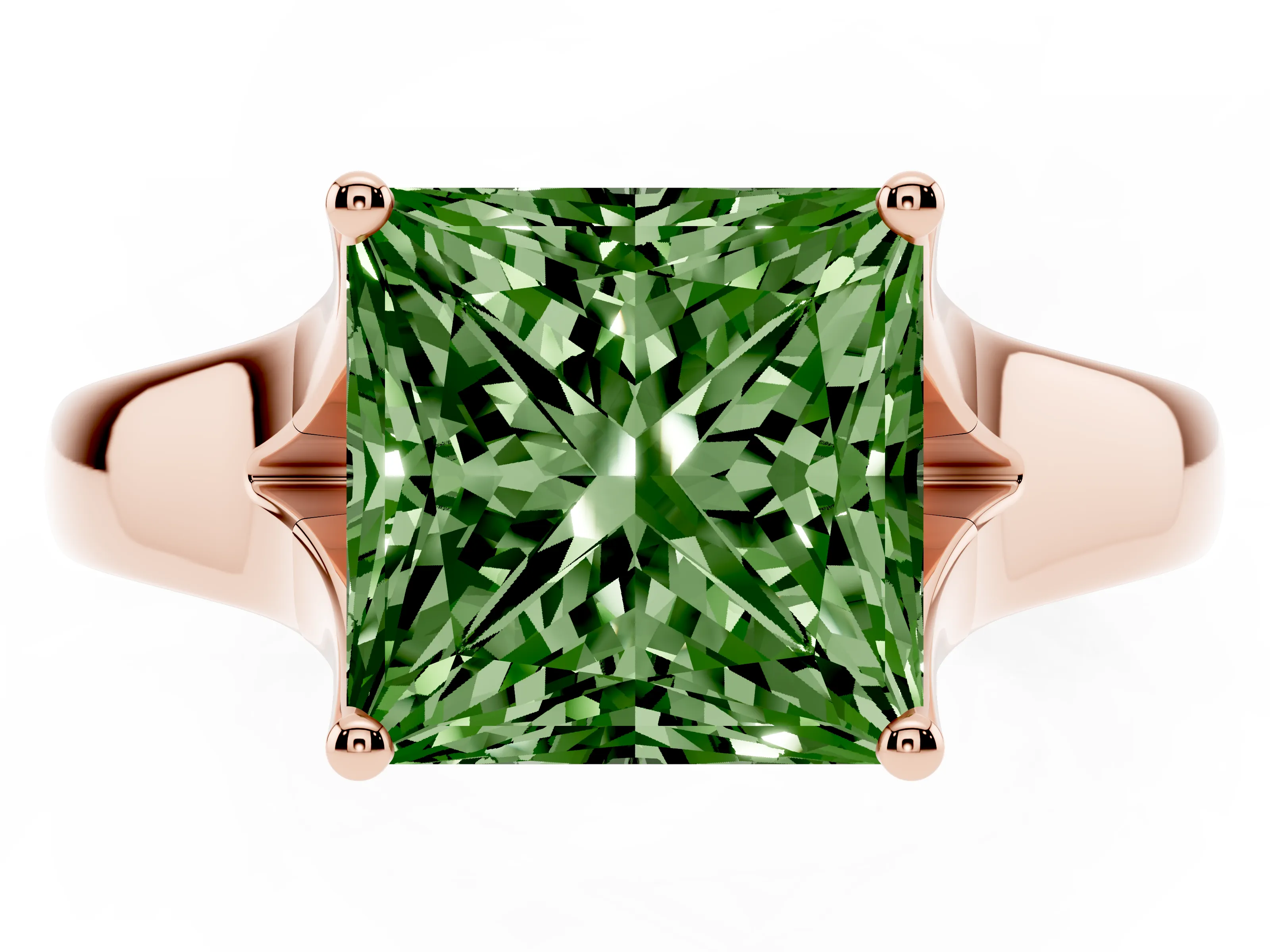 Fancy Green Princess Cut Diamond Solitaire Ring Set in Rose gold with Arched Cathedral Band and Prong Setting