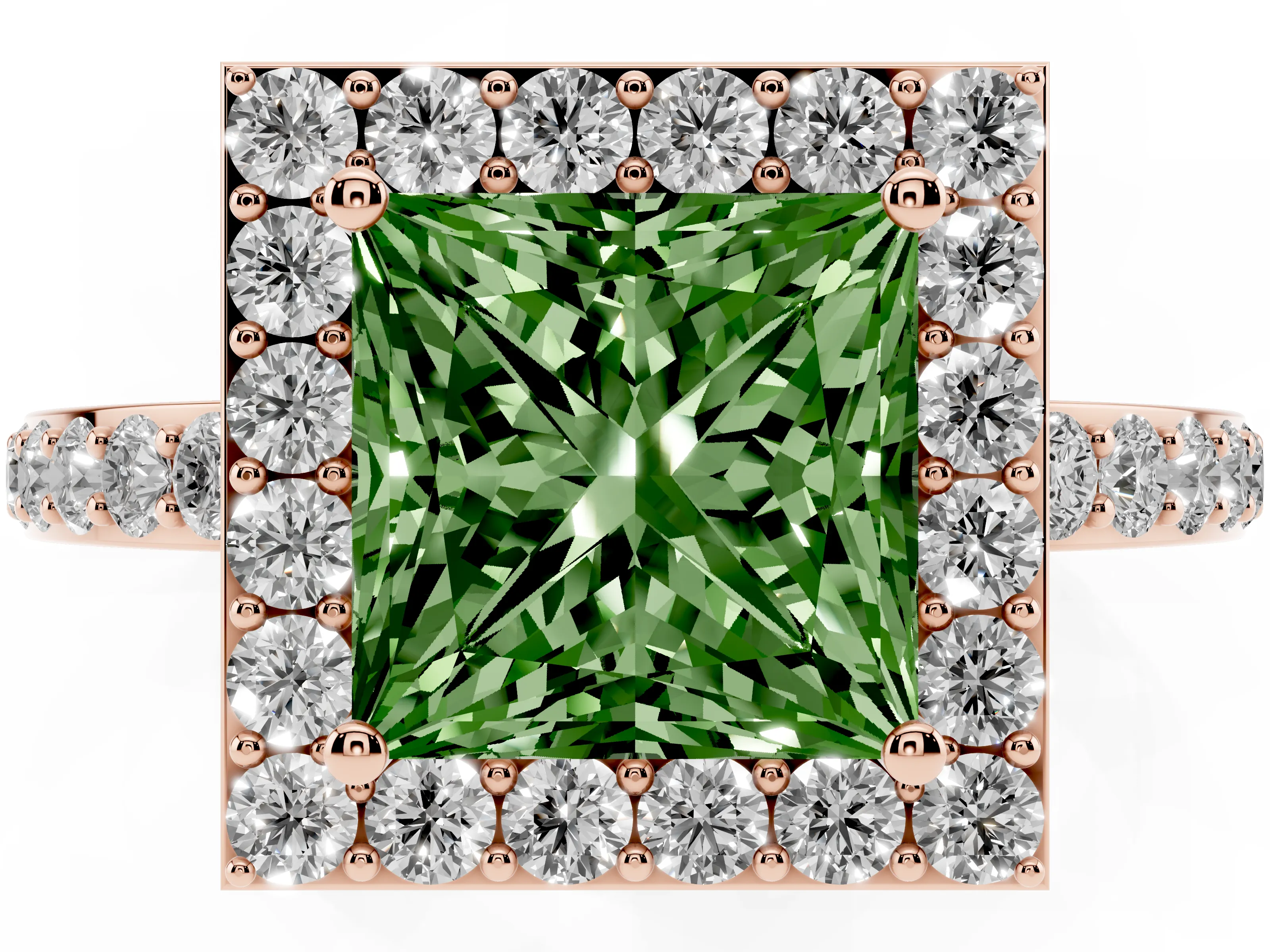 Fancy Green Princess Cut Diamond Halo Ring Set in Rose gold with Pavé-Setting Band and Open Prong Center