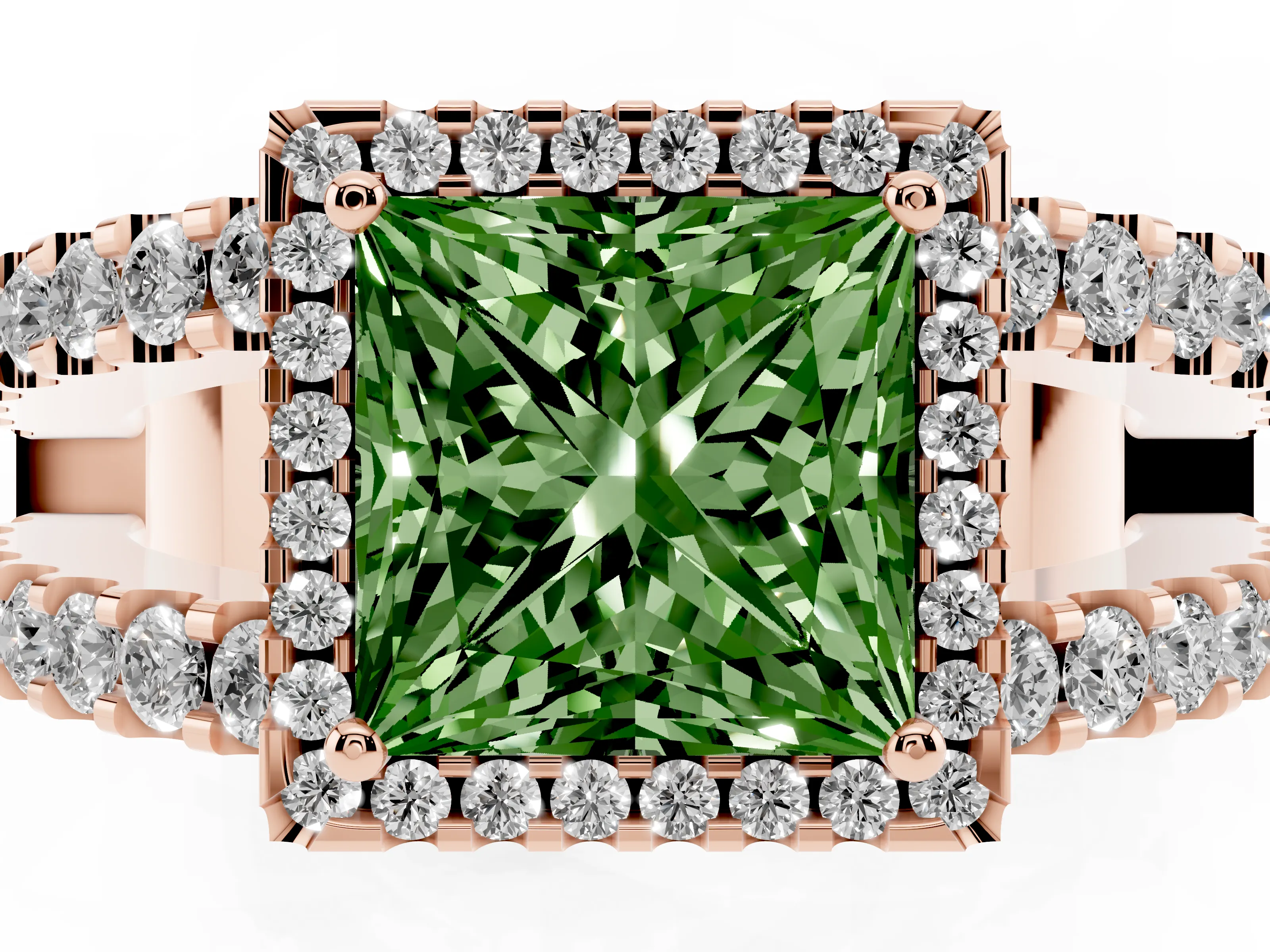 Fancy Green Princess Cut Diamond Halo Ring Set in Rose gold with Pavé Split Shank and Prong Setting