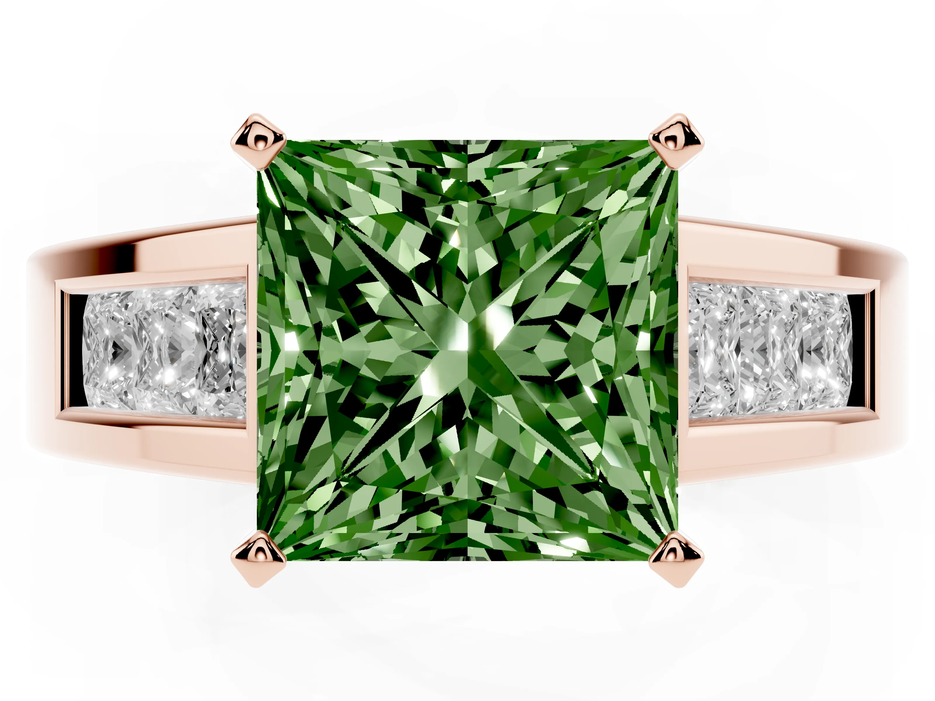 Fancy Green Princess Cut Diamond Solitaire Ring Set in Rose gold with Channel-Set Accent Stones and Prong Setting