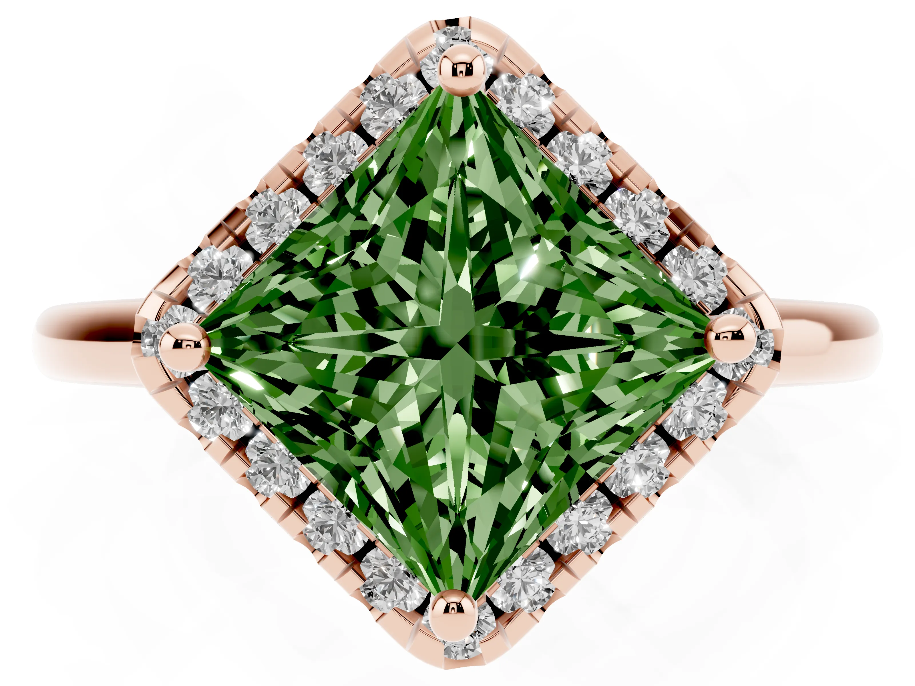 Fancy Green Princess Cut Diamond Halo Engagement Ring Set in Rose gold with Pavé Band and Rising Shoulders