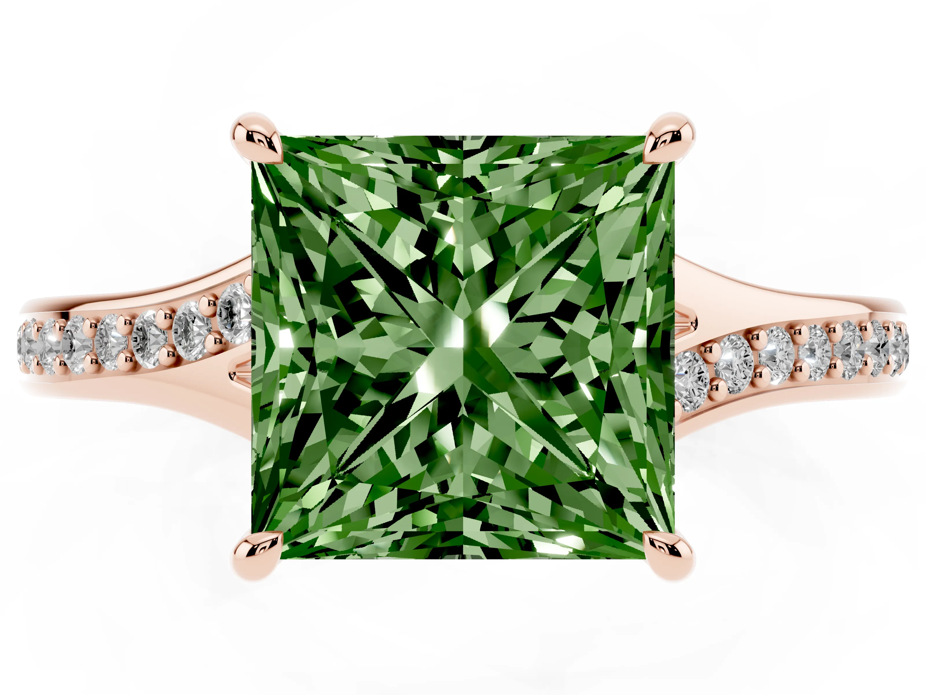 Fancy Green Princess Cut Diamond Solitaire Ring Set in Rose gold with Pavé Accent Band and Classic Prong Setting