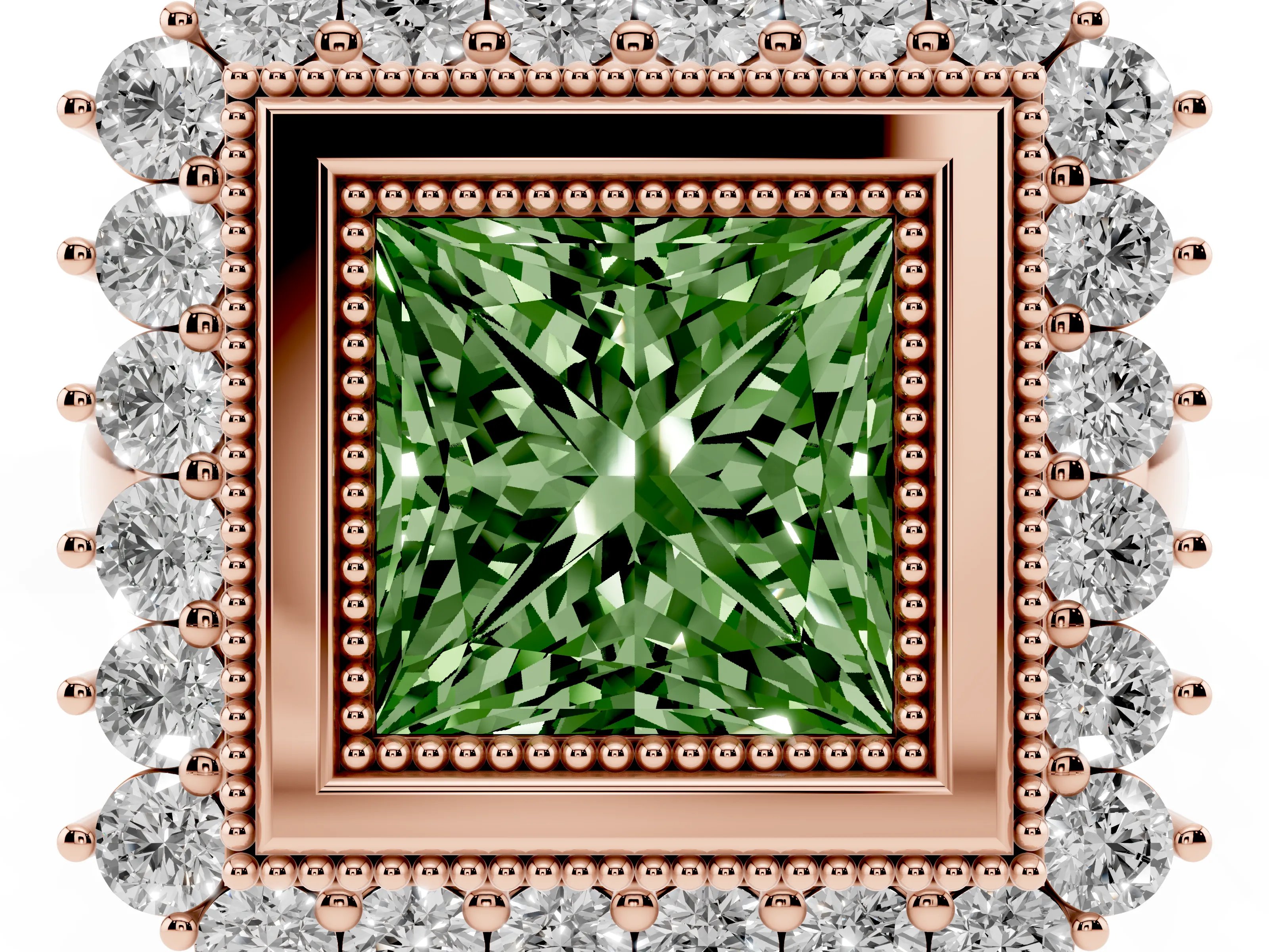 Fancy Green Princess Cut Diamond Halo Ring Set in Rose gold with Milgrain Edge and Round Prong Setting