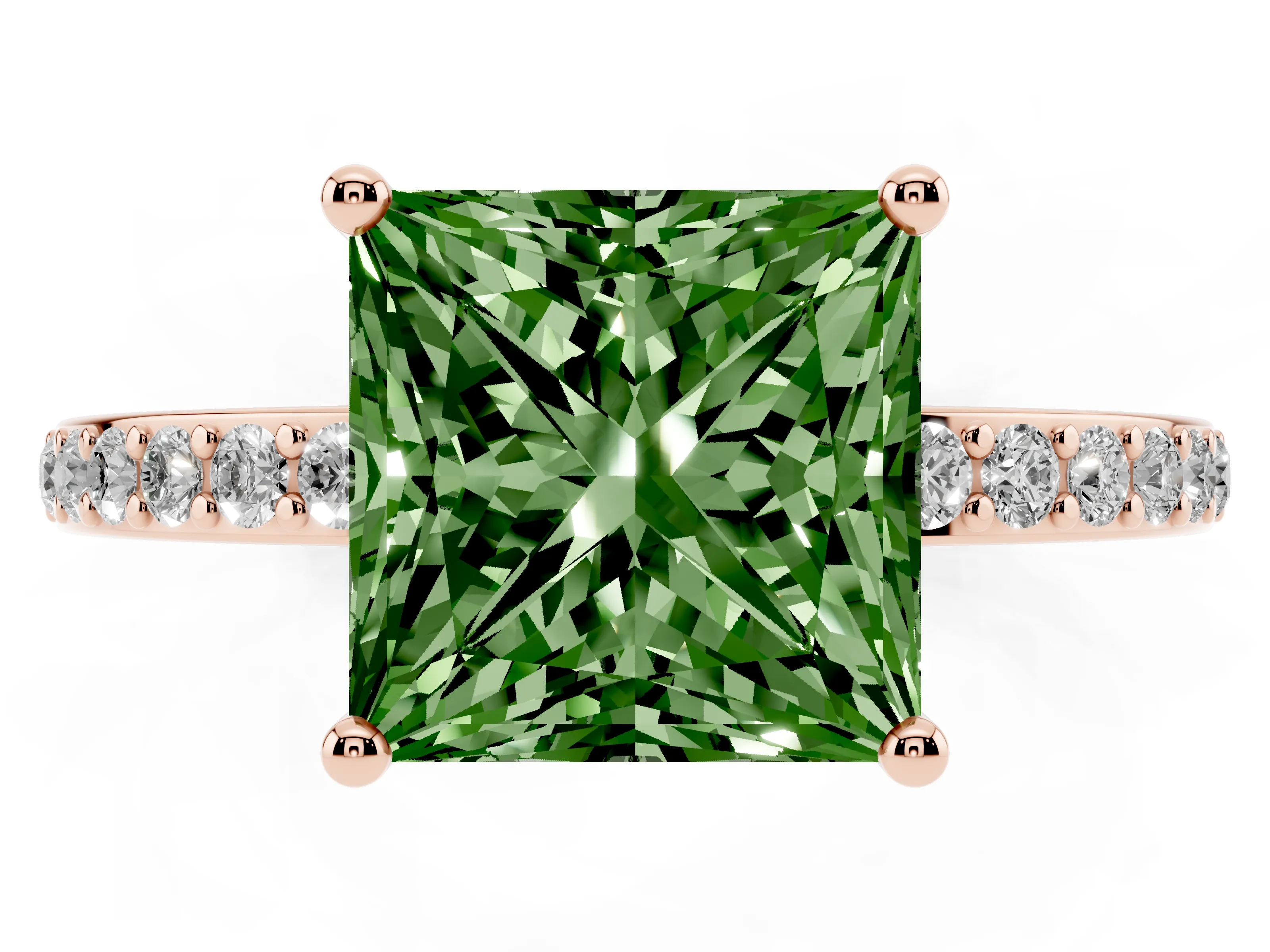 Fancy Green Princess Cut Diamond Pavé Band Ring Set in Rose gold with Prong-Set Center Stone