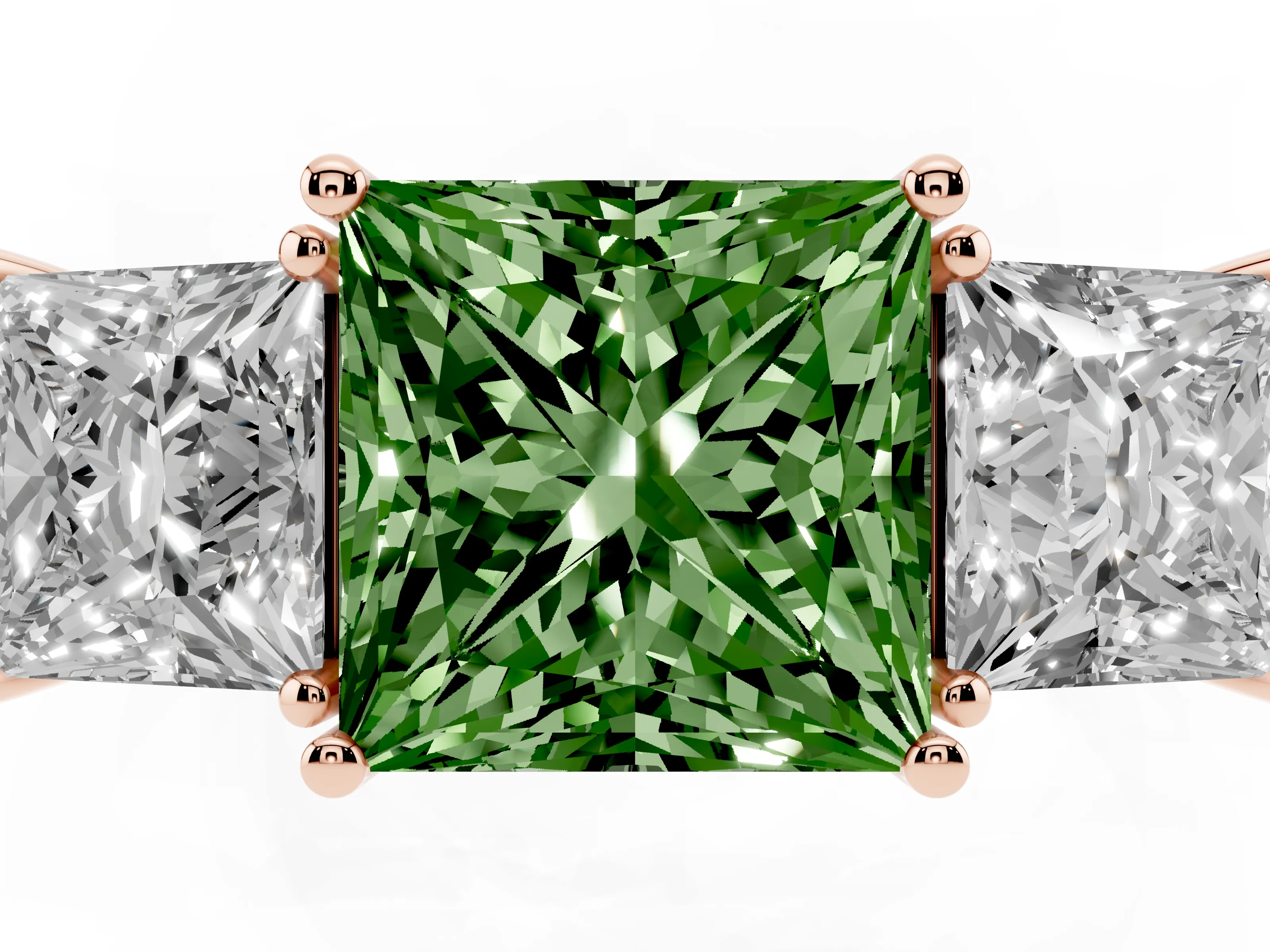 Fancy Green Princess Cut Diamond Three-Stone Engagement Ring Set in Rose gold with Flat Band