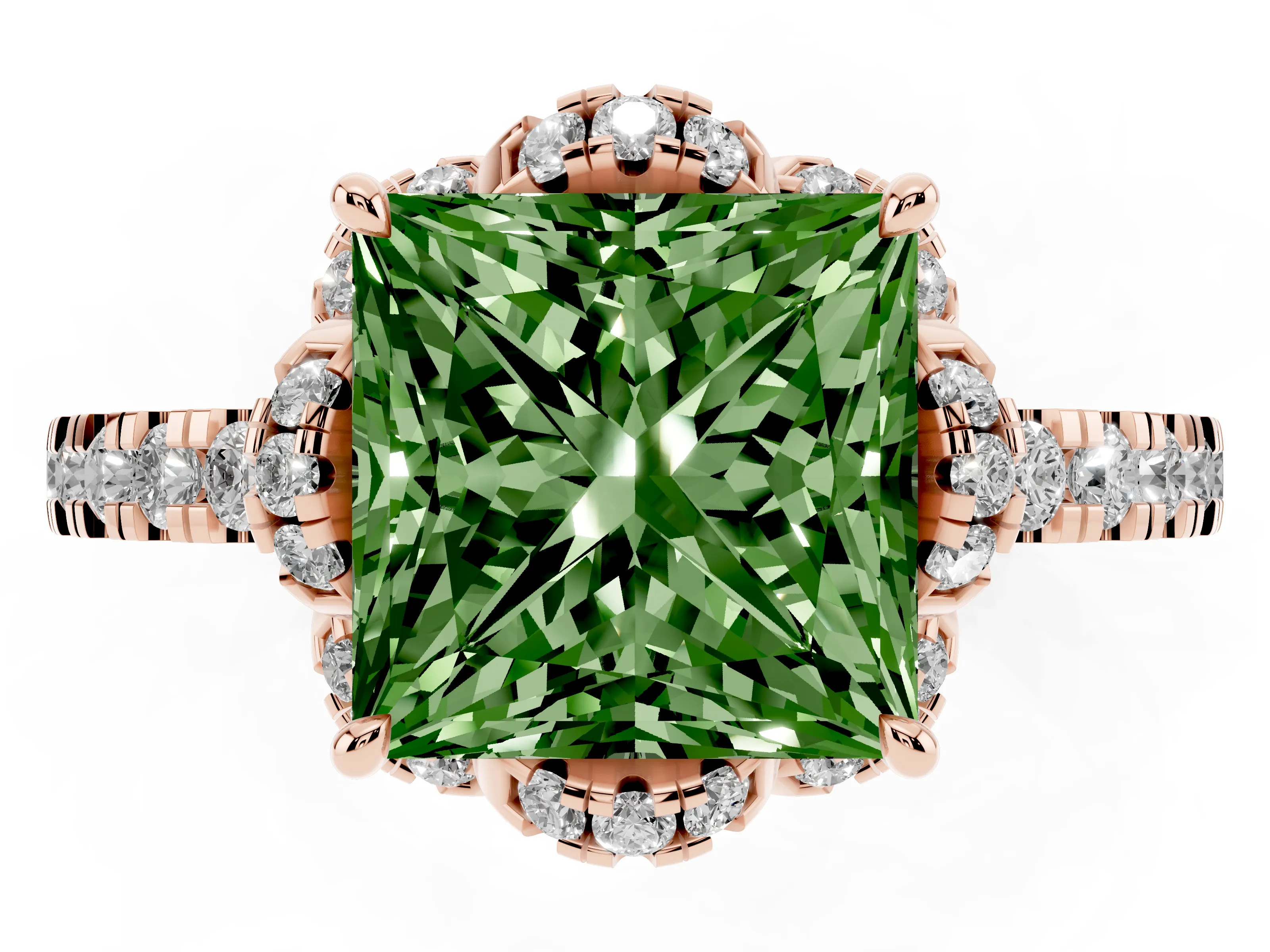 Fancy Green Princess Cut Diamond Halo Pavé Band Ring Set in Rose gold with Prong-Held Center