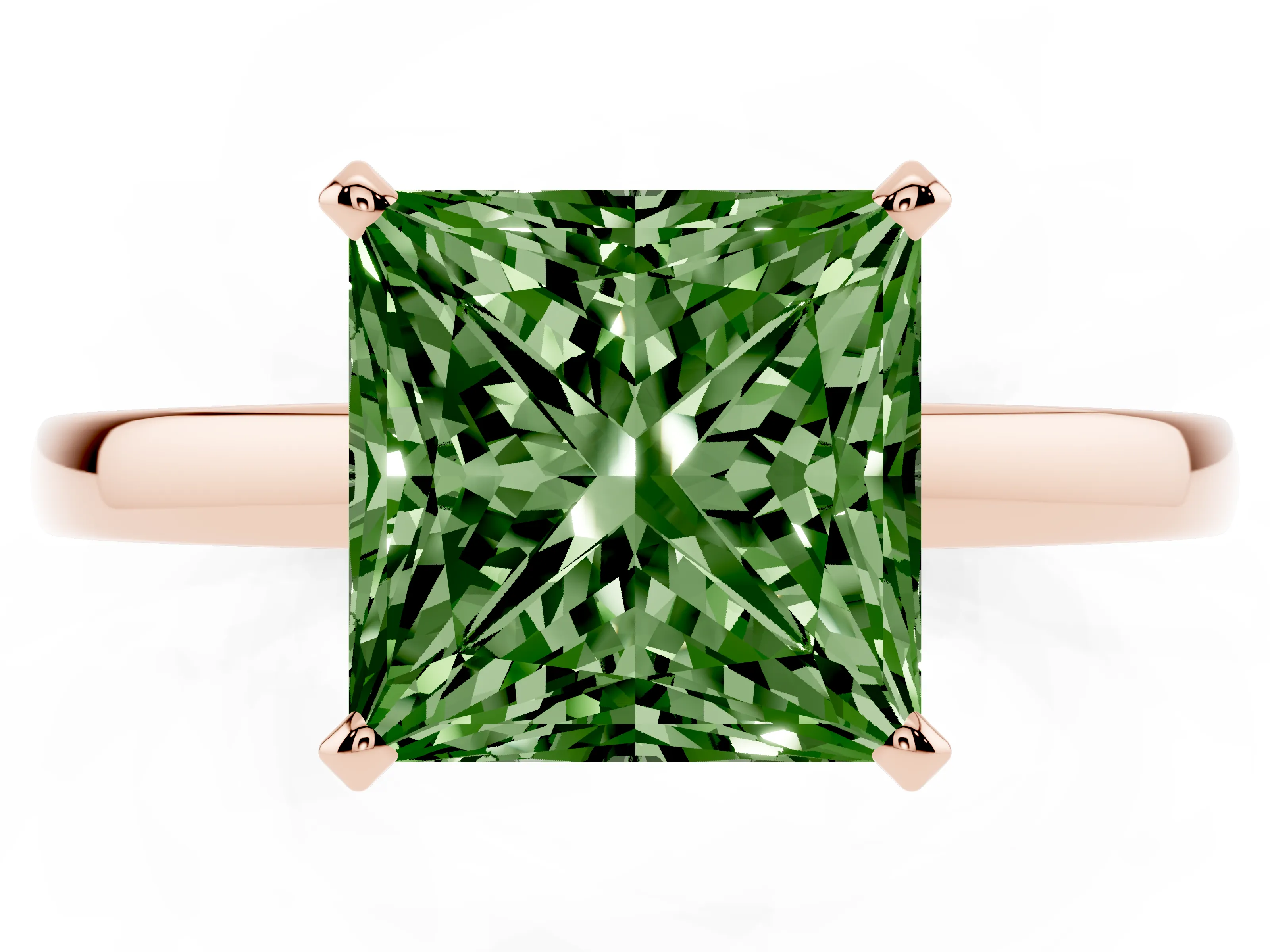 Fancy Green Princess Cut Diamond Solitaire Engagement Ring Set in Rose gold with Prong Setting on a Classic Band