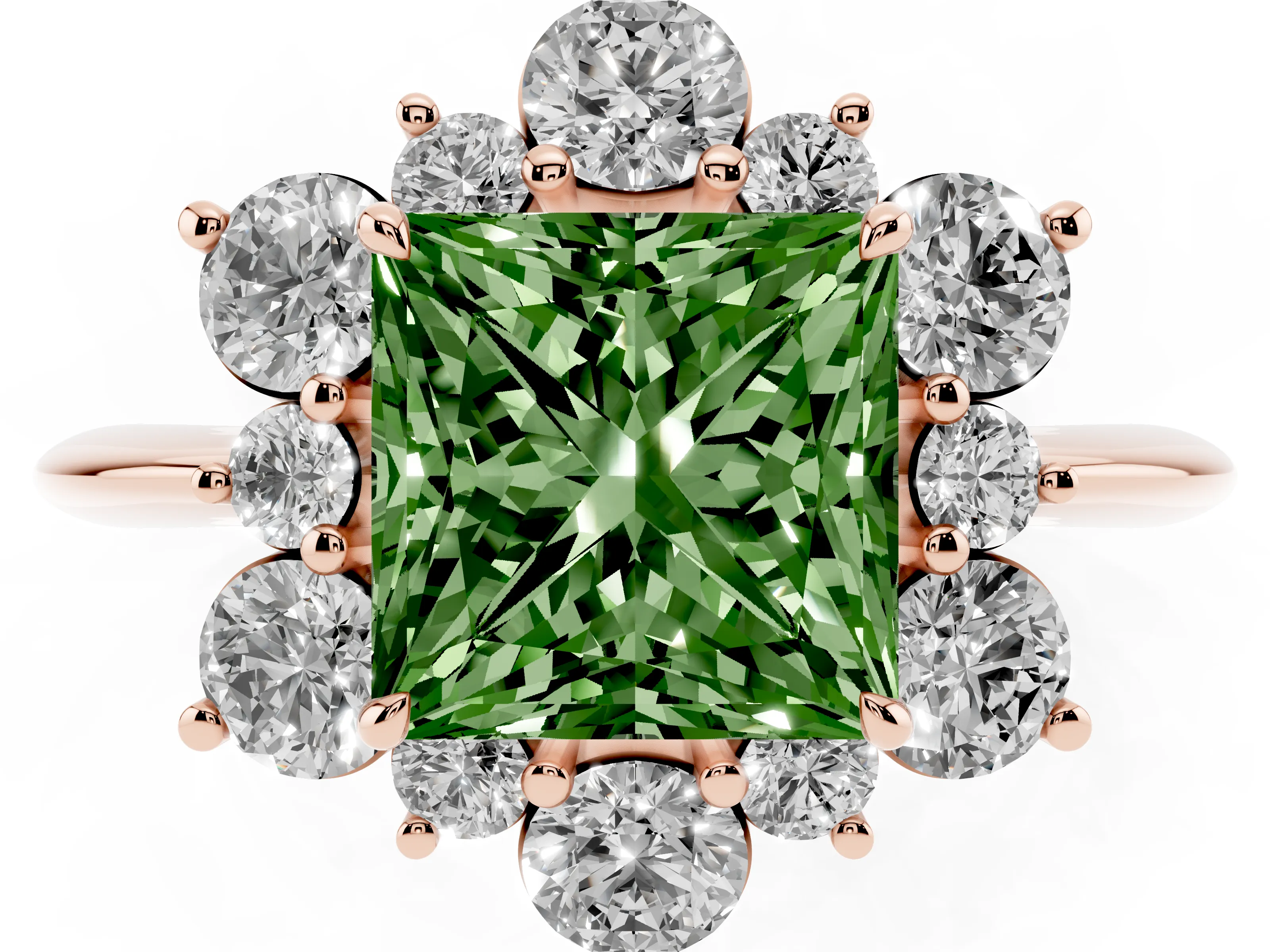 Fancy Green Princess Cut Diamond Cluster Halo Ring Set in Rose gold with Solitaire Band and Prong Setting