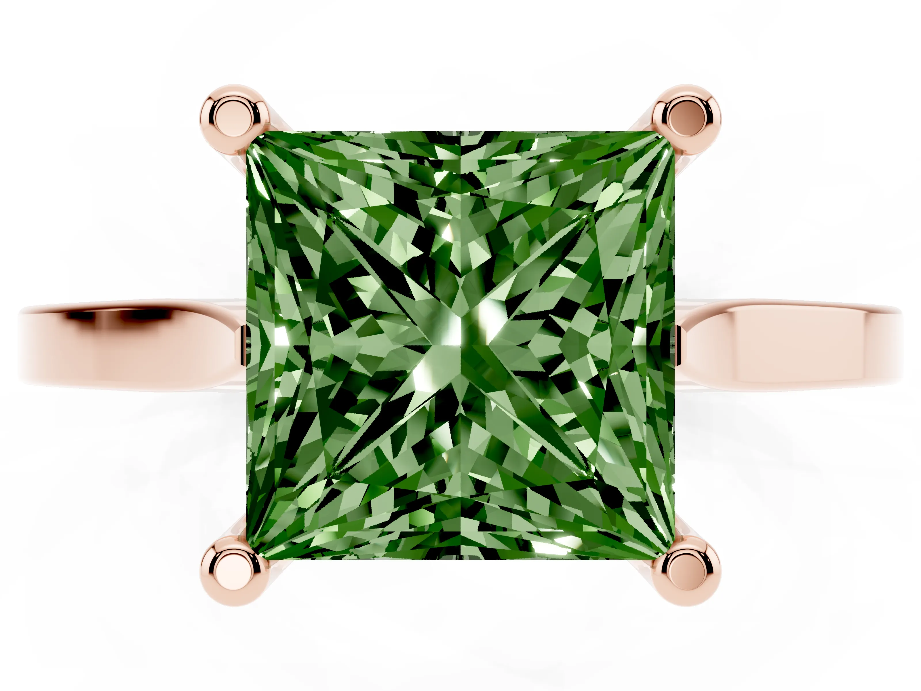 Fancy Green Princess Cut Diamond Solitaire Ring Set in Rose gold with Prong Setting and Tapered Band