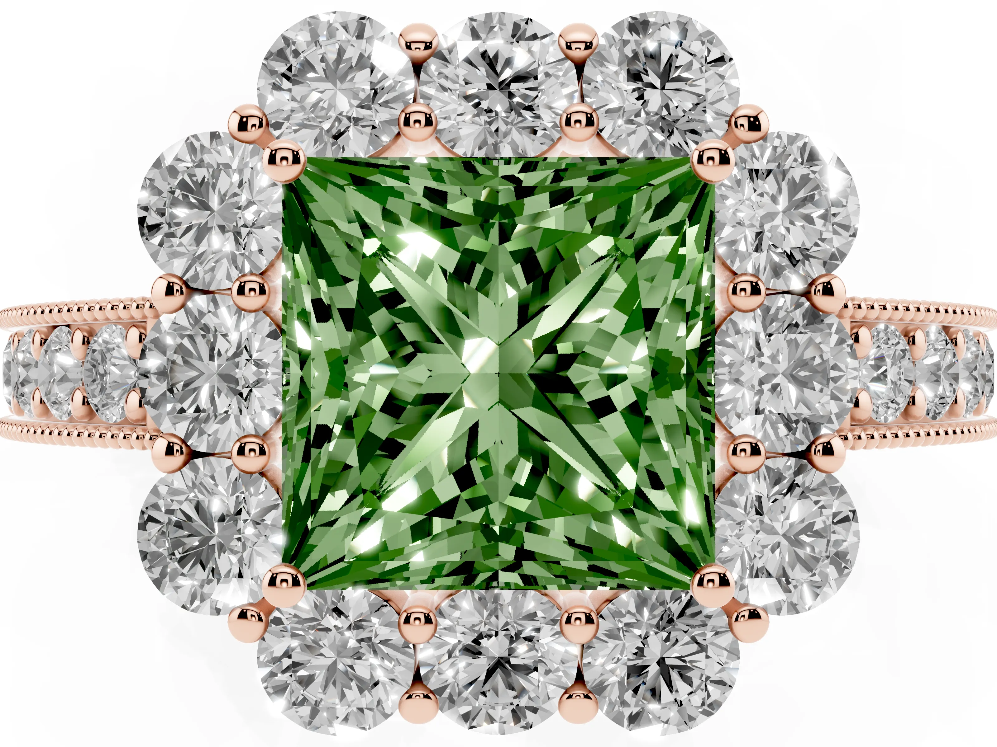 Fancy Green Princess Cut Diamond Halo Pavé Engagement Ring Set in Rose gold with Milgrain Detailing