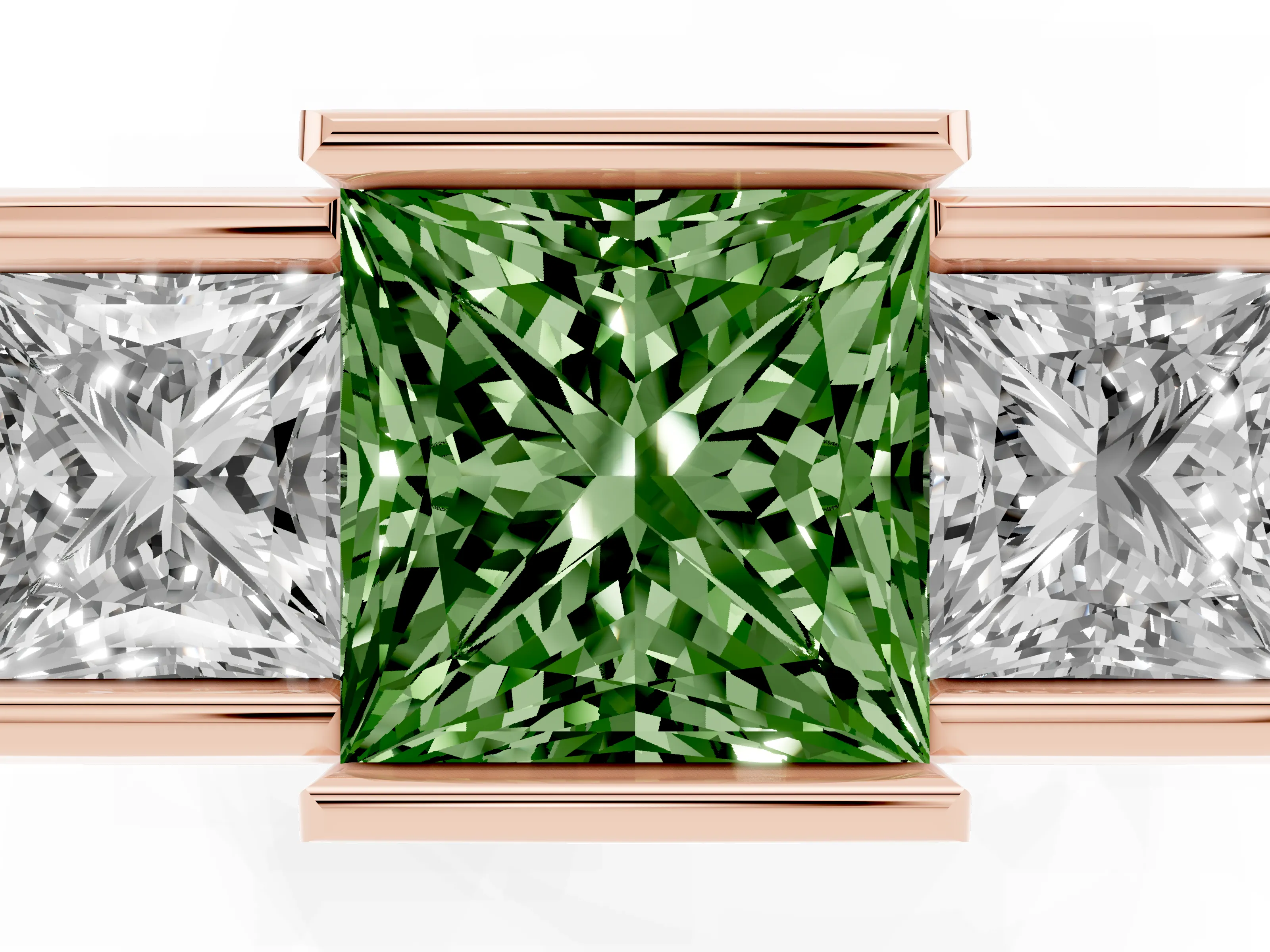 Fancy Green Princess Cut Diamond Three-Stone Channel Set Ring Set in Rose gold with Smooth Polished Band