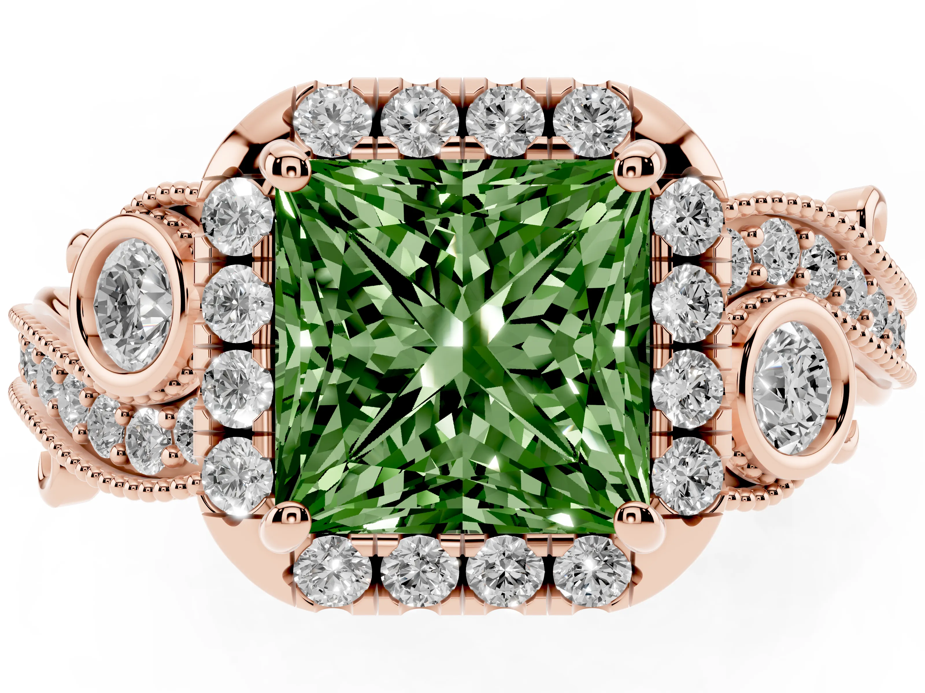 Fancy Green Princess Cut Diamond Halo Split Shank Ring Set in Rose gold with Milgrain and Bezel Accents
