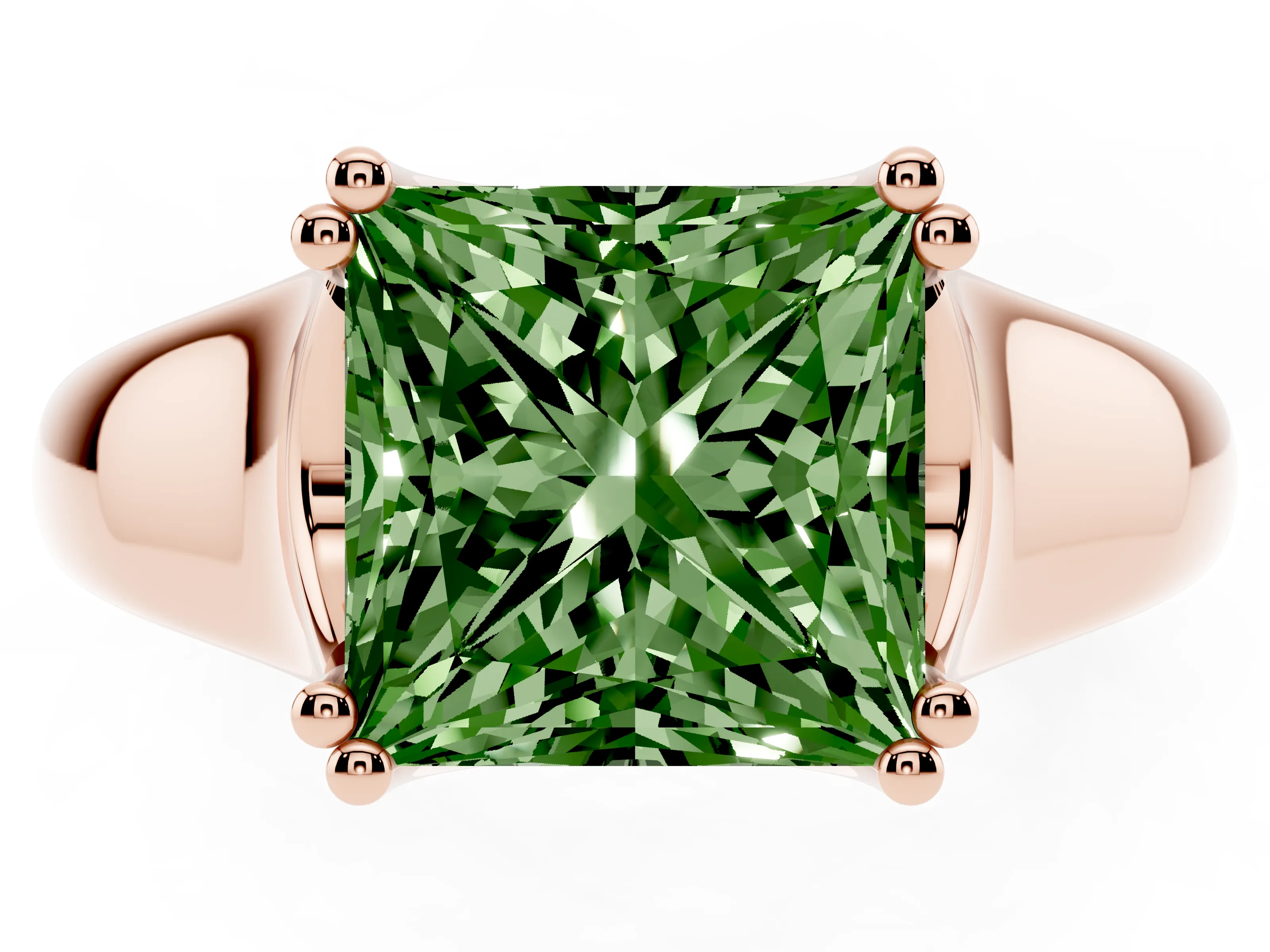 Fancy Green Princess Cut Diamond Solitaire Ring Set in Rose gold with Wide Band and Prong Setting