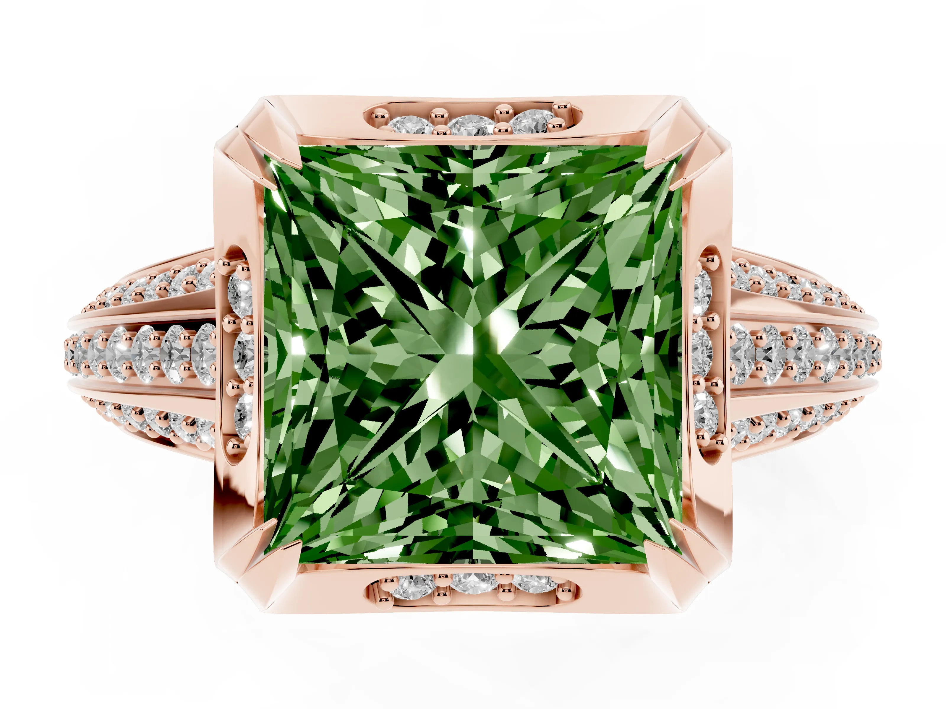 Fancy Green Princess Cut Diamond Pavé Split Shank Solitaire Ring Set in Rose gold with Prong Setting