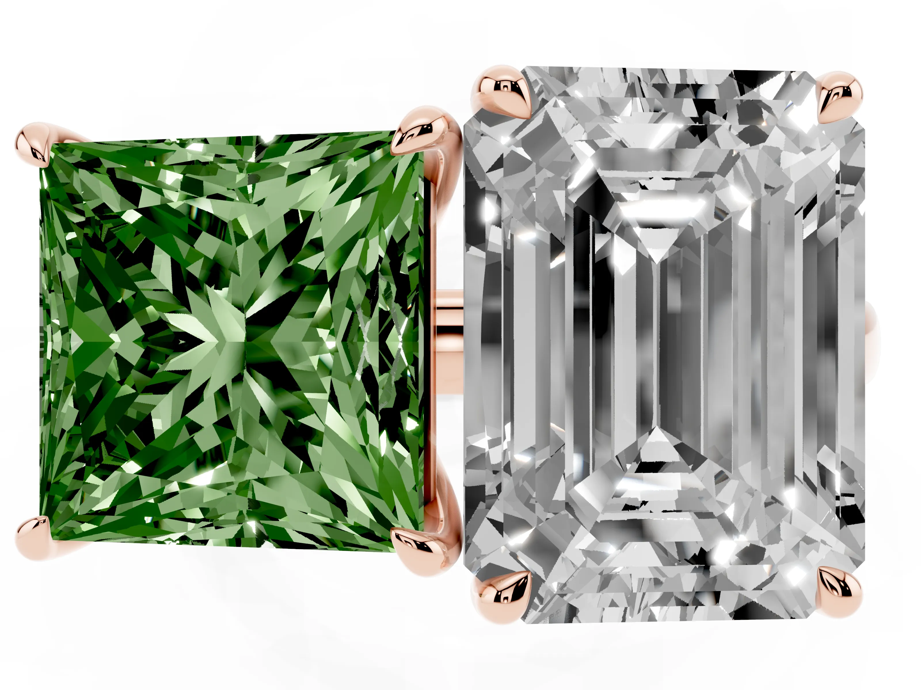 Fancy Green Princess Cut and Emerald Cut Toi Moi Ring Set in Rose gold with Prong Setting