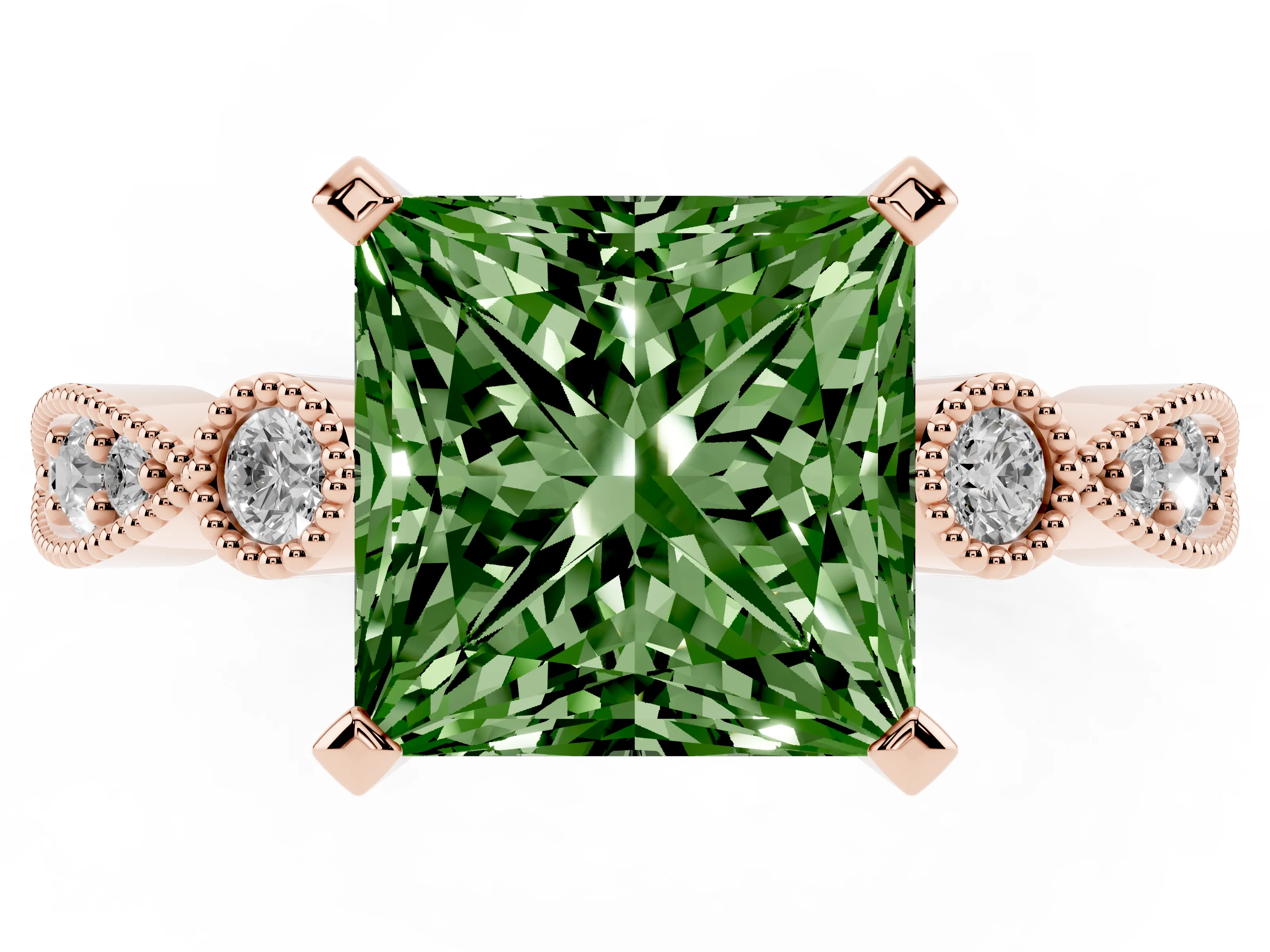 Fancy Green Princess Cut Diamond Solitaire Engagement Ring Set in Rose gold with Milgrain Bezel Accent Band