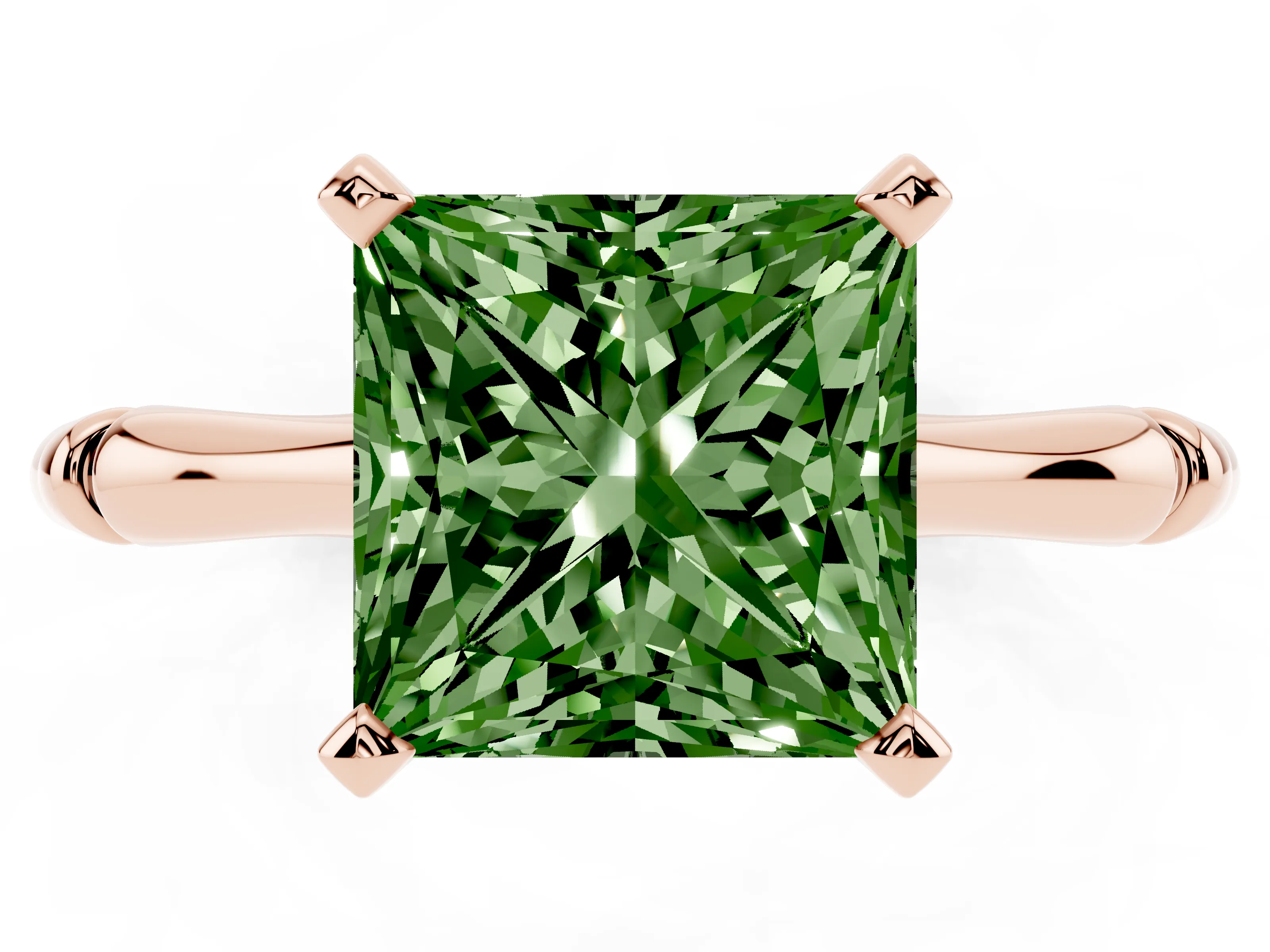 Fancy Green Princess Cut Diamond Solitaire Ring Set in Rose gold with Bamboo Band and Prong Setting