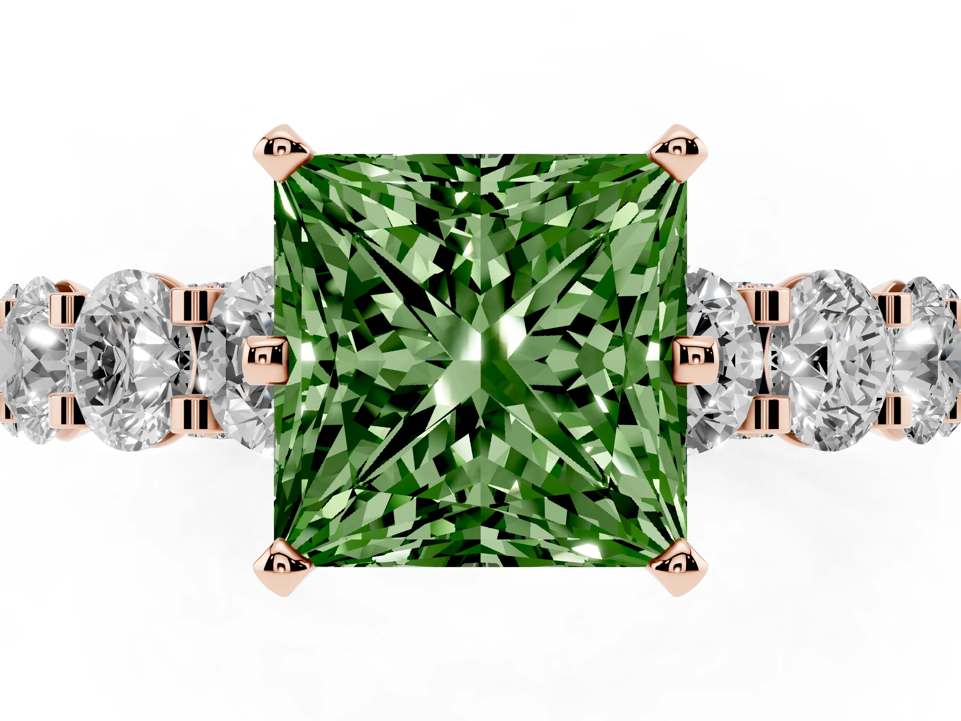 Fancy Green Princess Cut Diamond Side Stone Ring Set in Rose gold with Alternating Round and Oval Side Stones