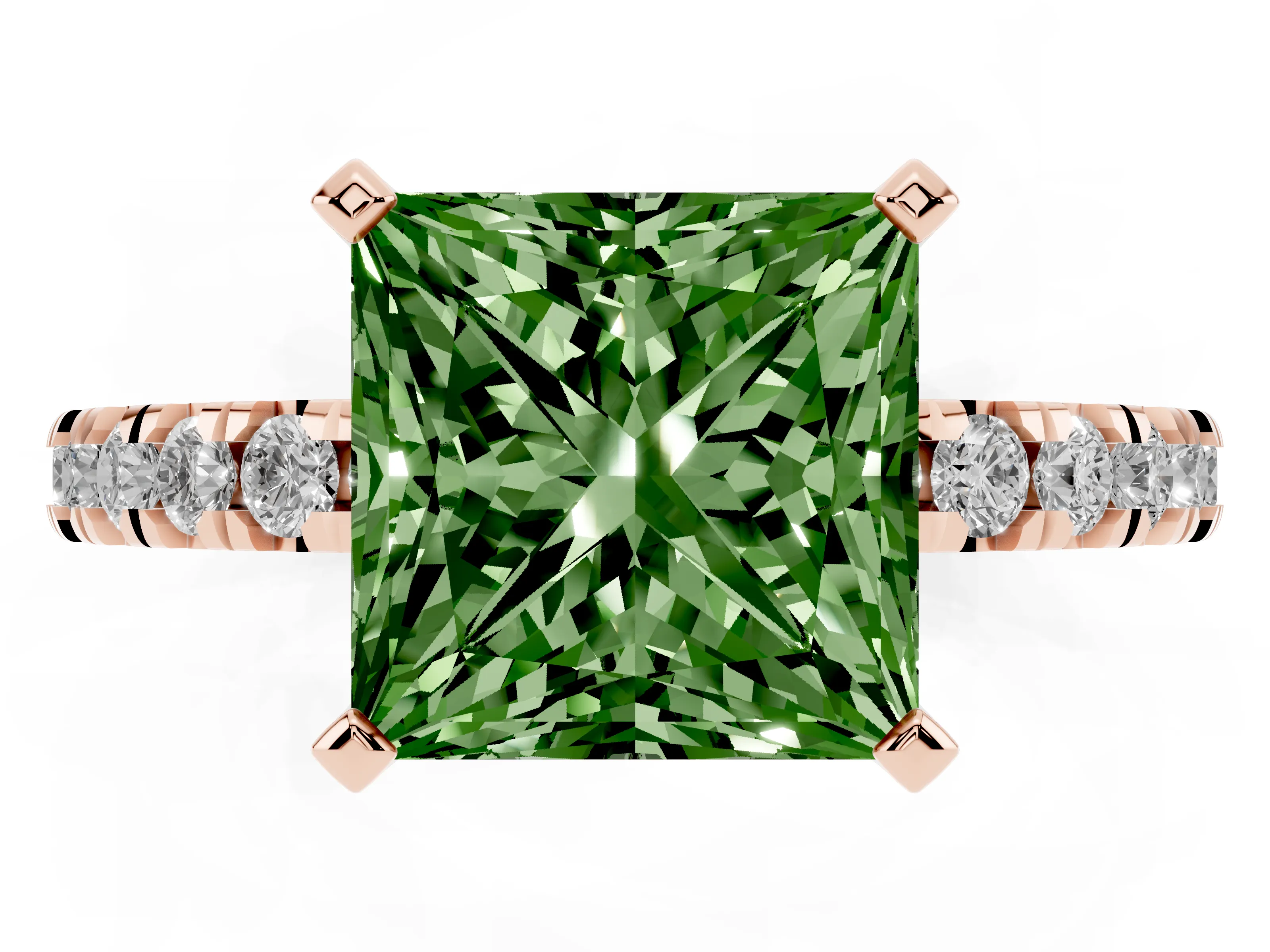 Fancy Green Princess Cut Diamond Pavé Band Solitaire Set in Rose gold with Prong Setting