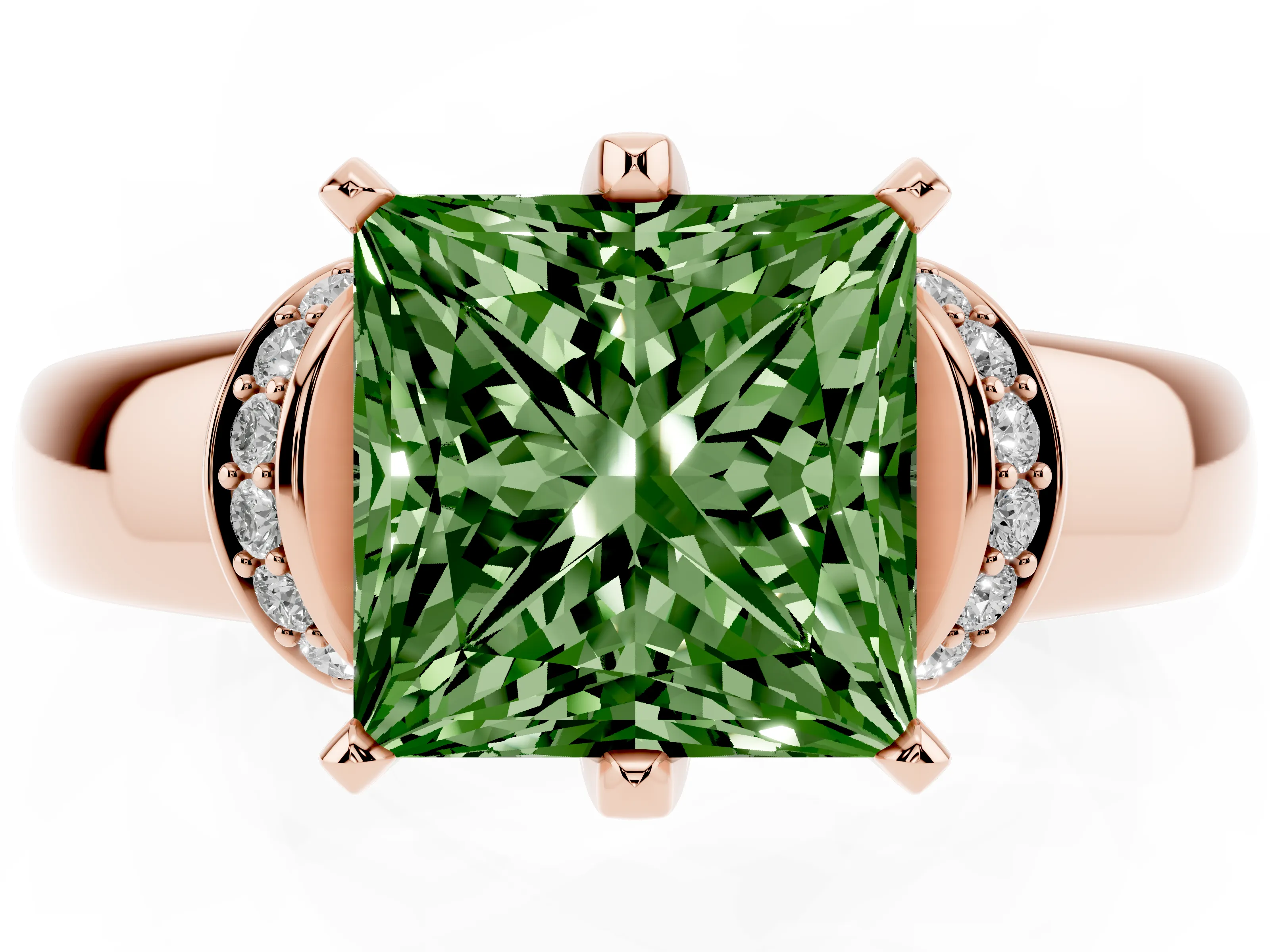 Fancy Green Princess Cut Diamond Pavé Band Solitaire Ring Set in Rose gold with Prong Setting