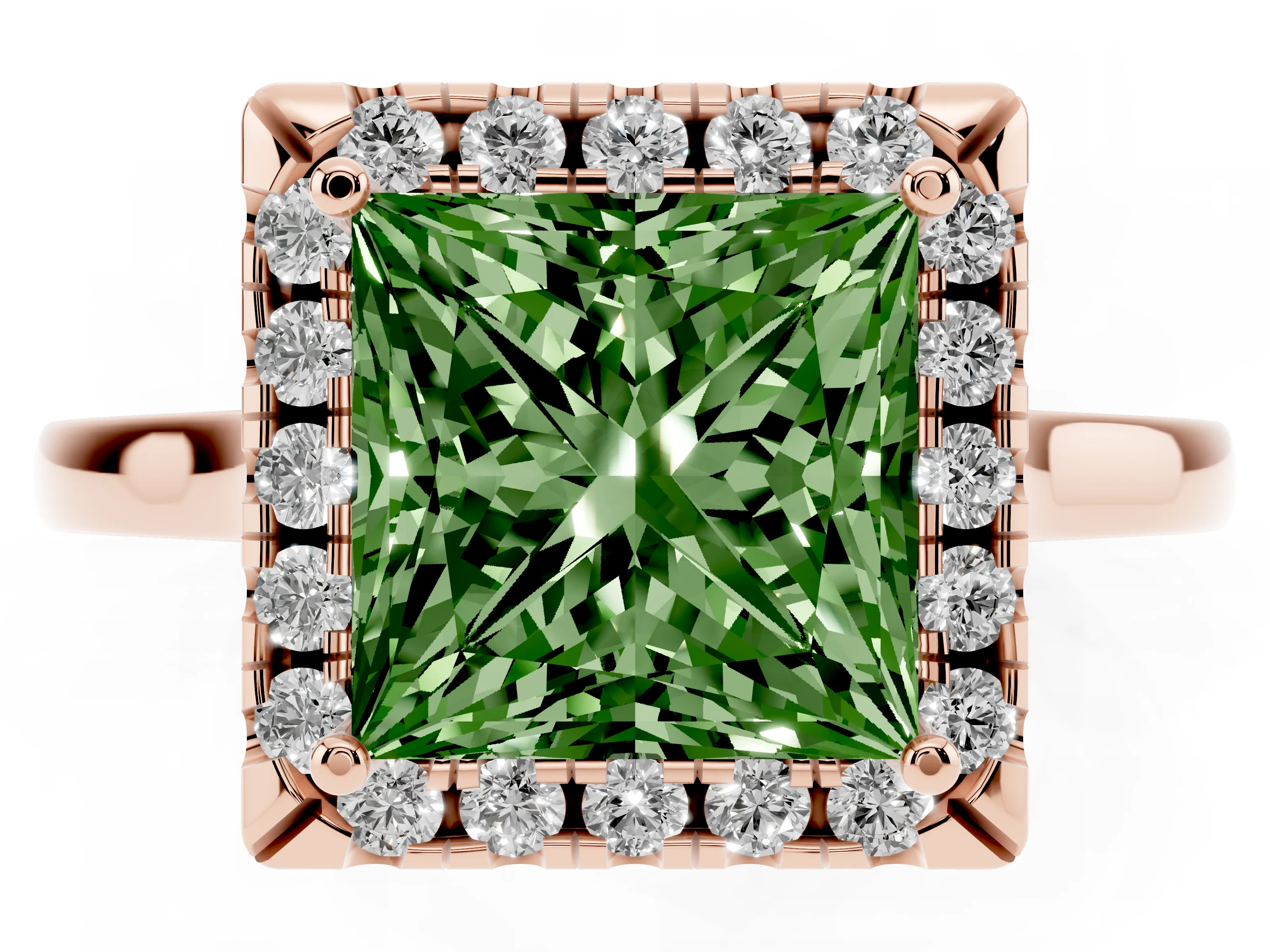Fancy Green Princess Cut Halo Round Diamond Solitaire Ring Set in Rose gold with Pavé Band and Prong Setting
