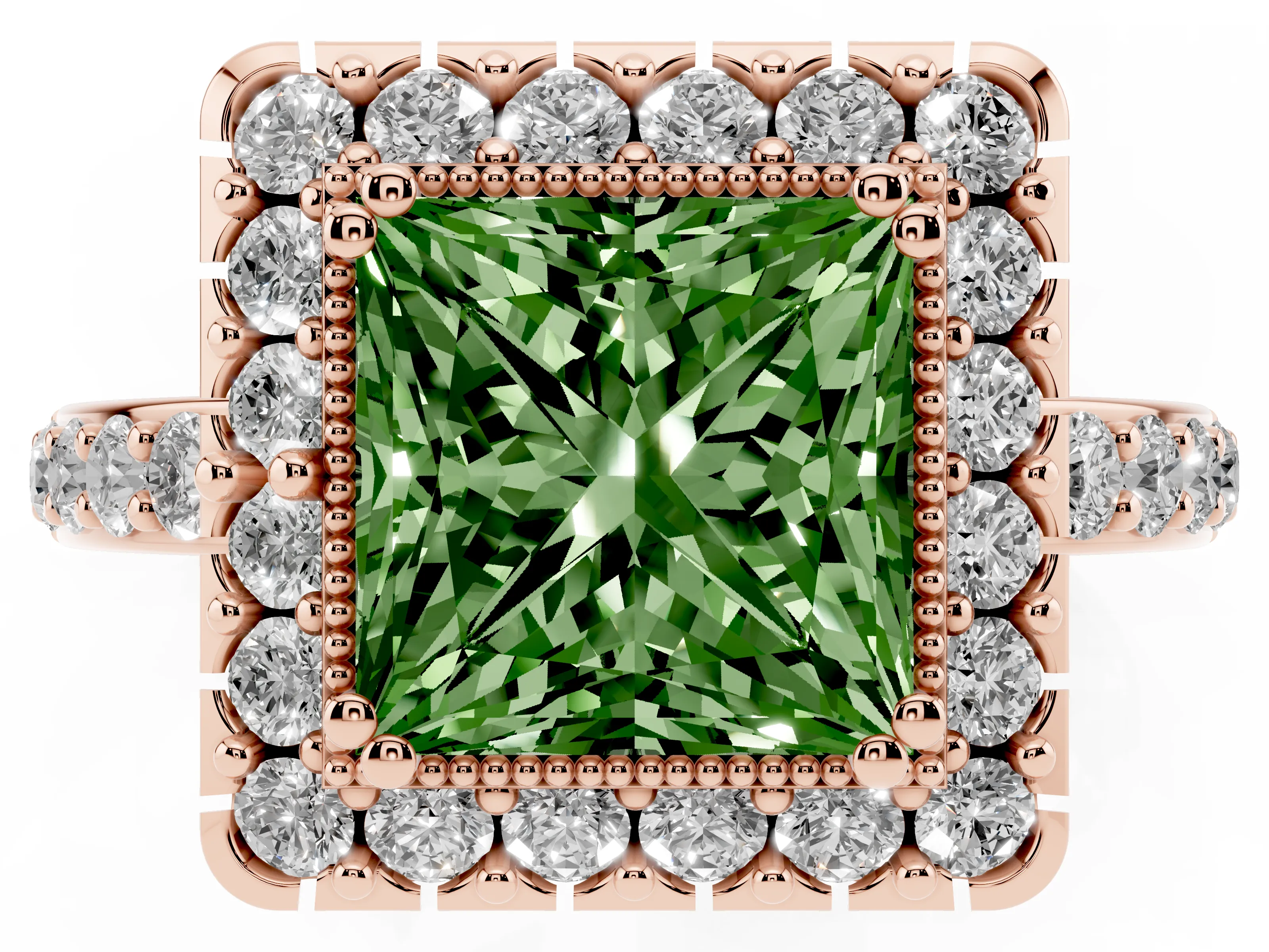 Fancy Green Princess Cut Diamond Halo Ring Set in Rose gold with Pavé Shank and Prong Setting