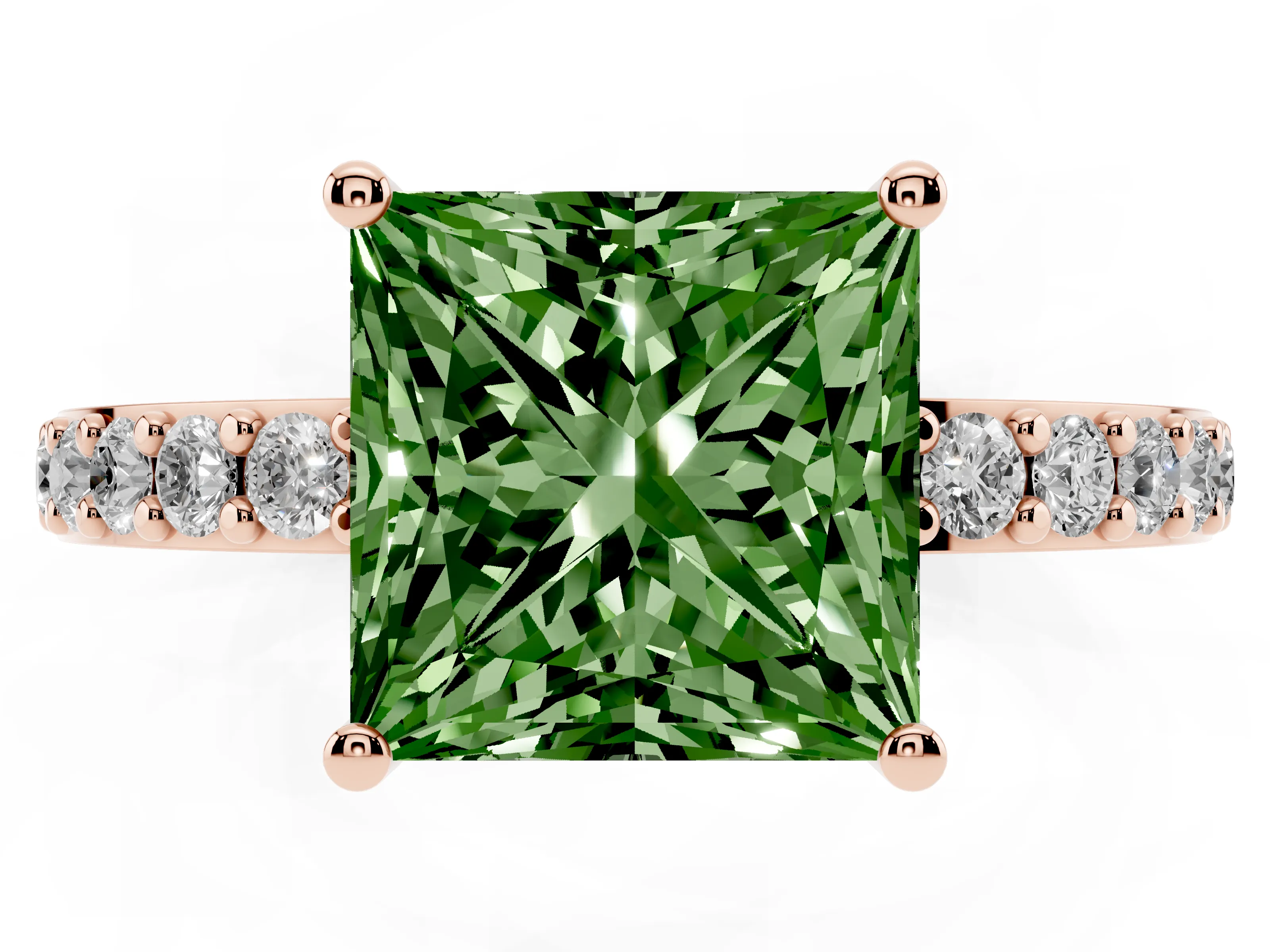 Fancy Green Princess Cut Diamond Solitaire Set in Rose gold with Round Pavé Band and Prong Setting