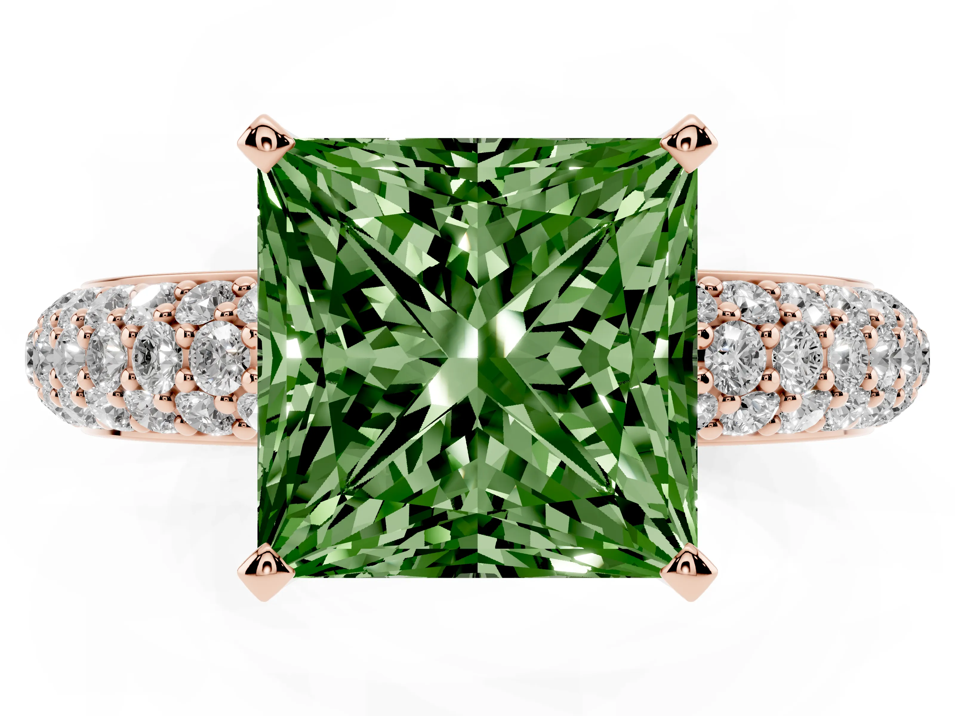 Fancy Green Princess Cut Diamond Solitaire Ring Set in Rose gold with Prong Setting and Pavé-Set Band