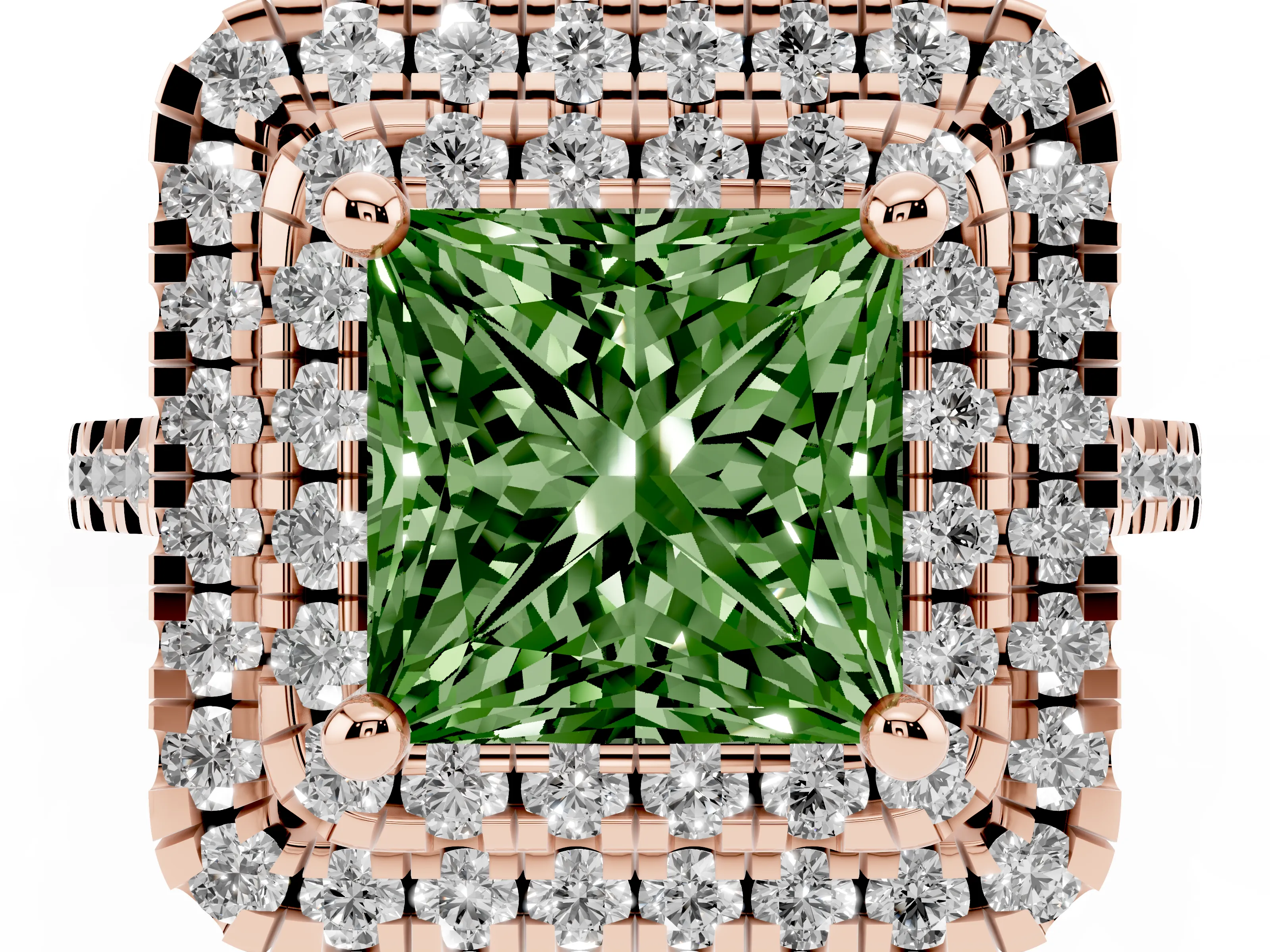 Fancy Green Princess Cut Diamond Double Halo Statement Ring Set in Rose gold with Pavé Band