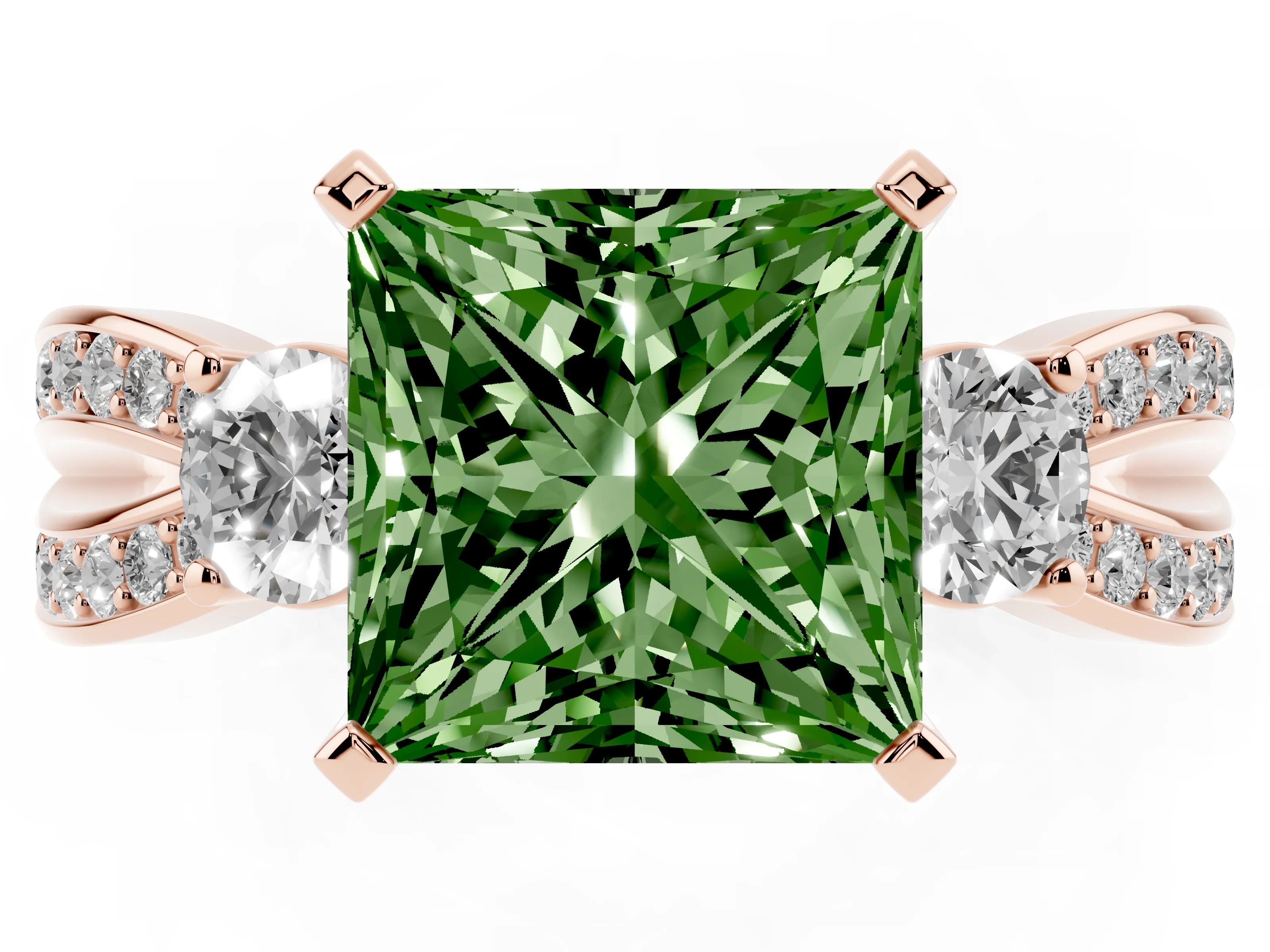 Fancy Green Three-Stone Princess Cut Diamond Twist Band Ring Set in Rose gold with Pavé Accents and Prong Setting