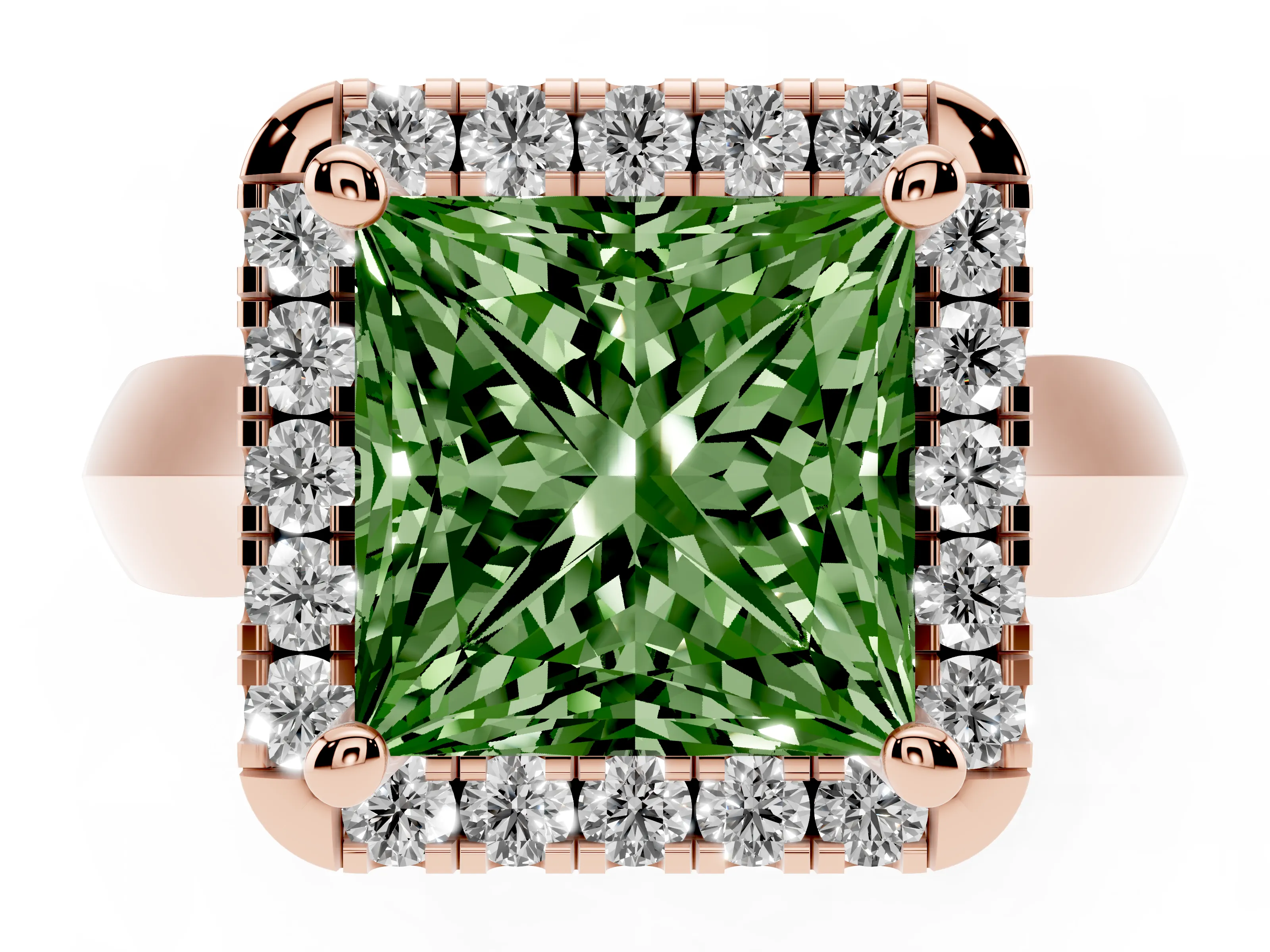 Fancy Green Princess Cut Diamond Halo Solitaire Engagement Ring Set in Rose gold with Square Band and Prong Setting
