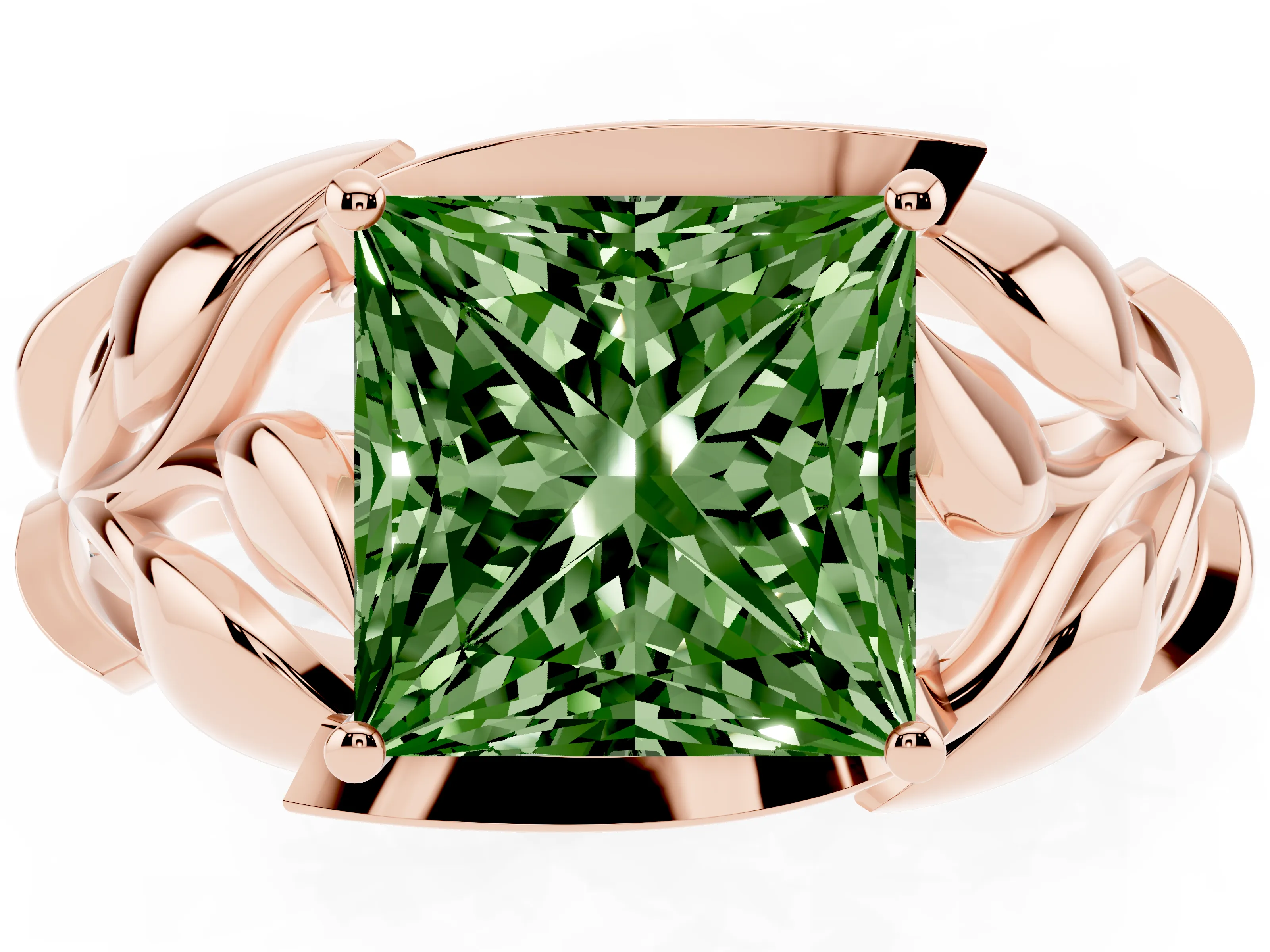 Fancy Green Princess Cut Diamond Leaf-Inspired Engagement Ring Set in Rose gold with Round Accents