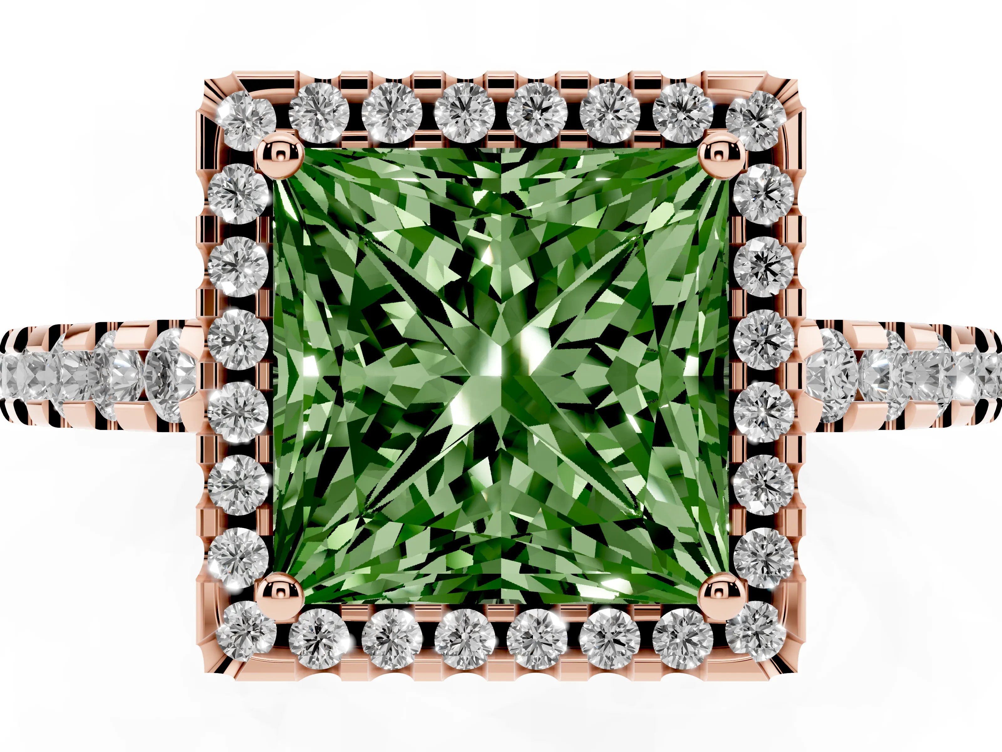 Fancy Green Princess Cut Diamond Halo Ring Set in Rose gold with Pavé Shoulders and Halo-Framed Center