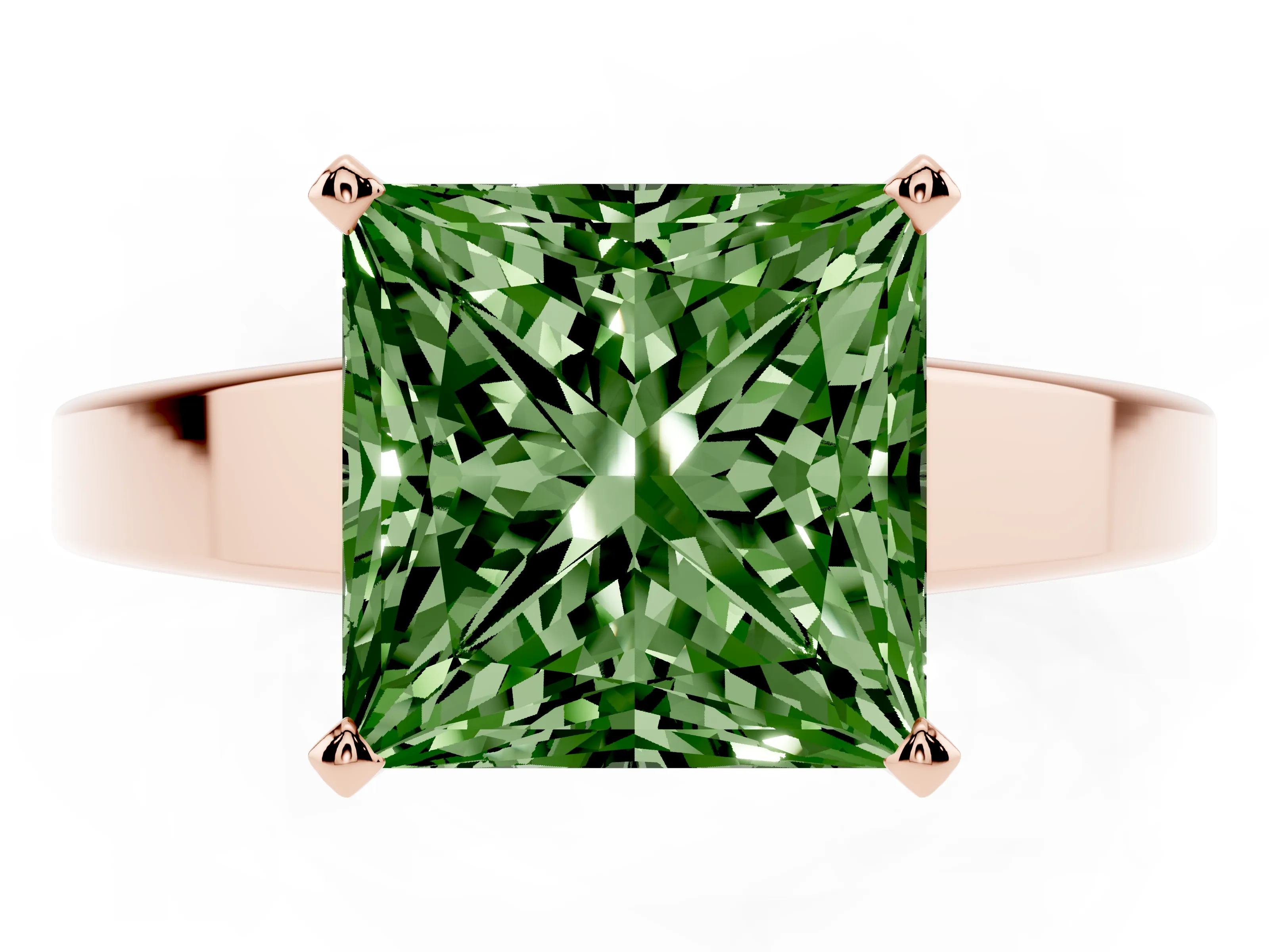 Fancy Green Princess Cut Diamond Solitaire Engagement Ring Set in Rose gold with Prong Setting and Tapered Band