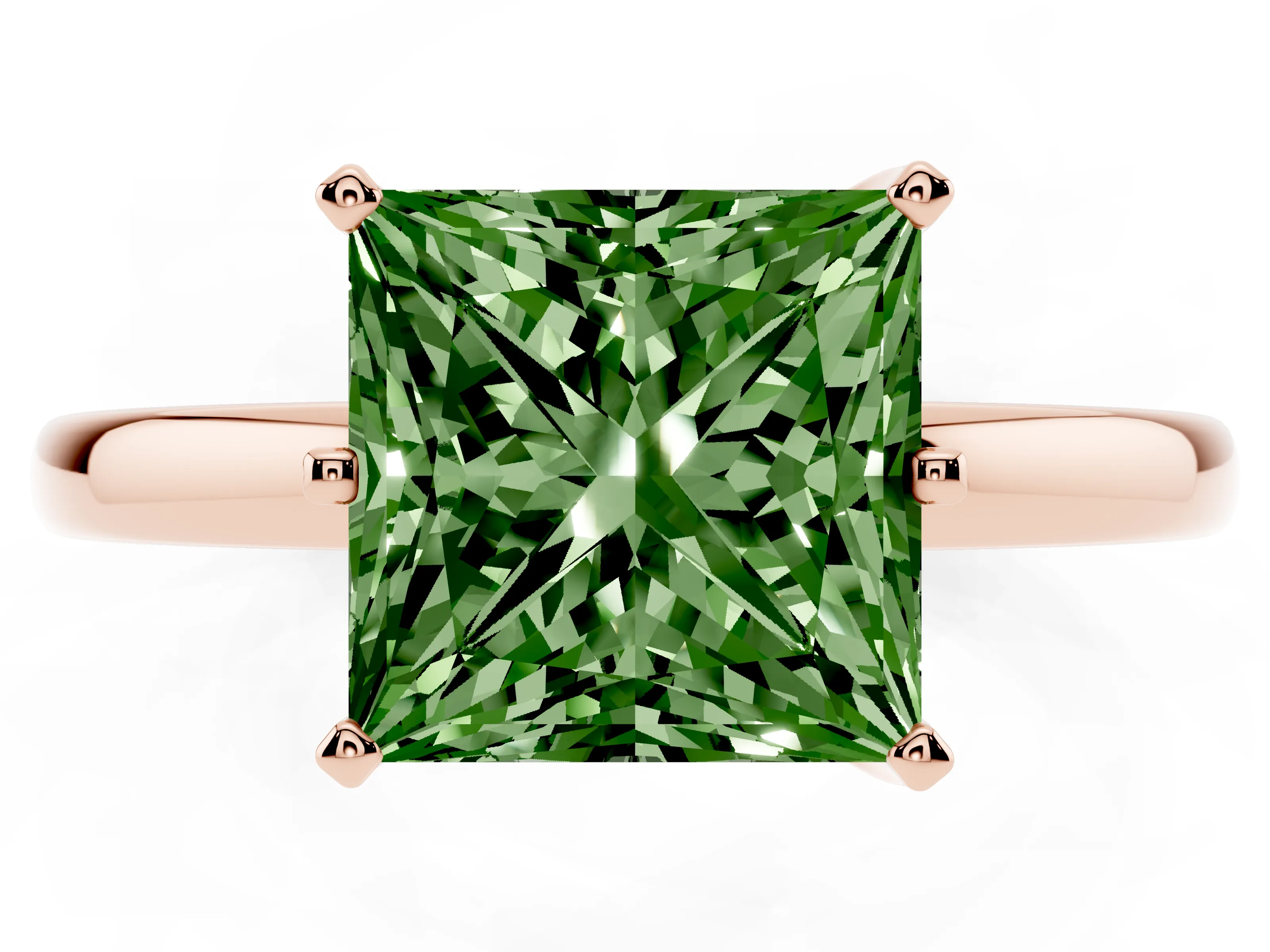 Fancy Green Princess Cut Diamond Solitaire Ring Set in Rose gold with Raised Prong Setting on a Classic Band
