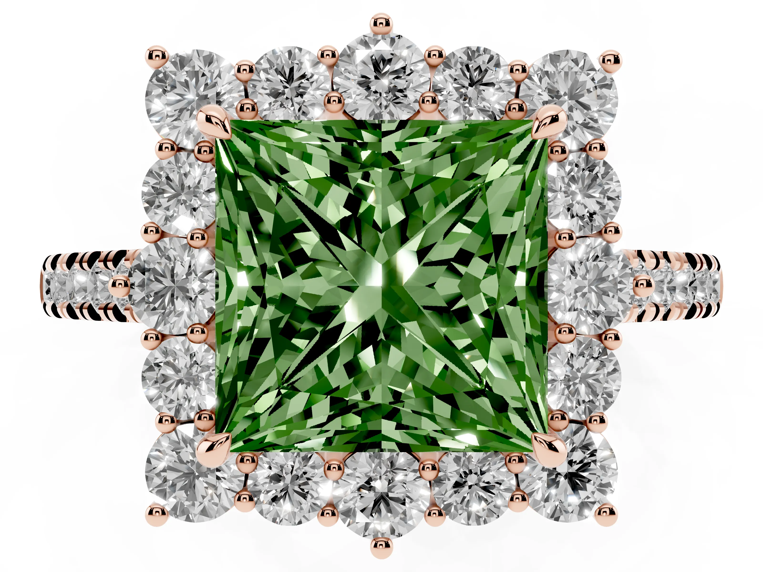 Fancy Green Princess Cut Diamond Halo Ring Set in Rose gold with Pavé Band and Prong Setting