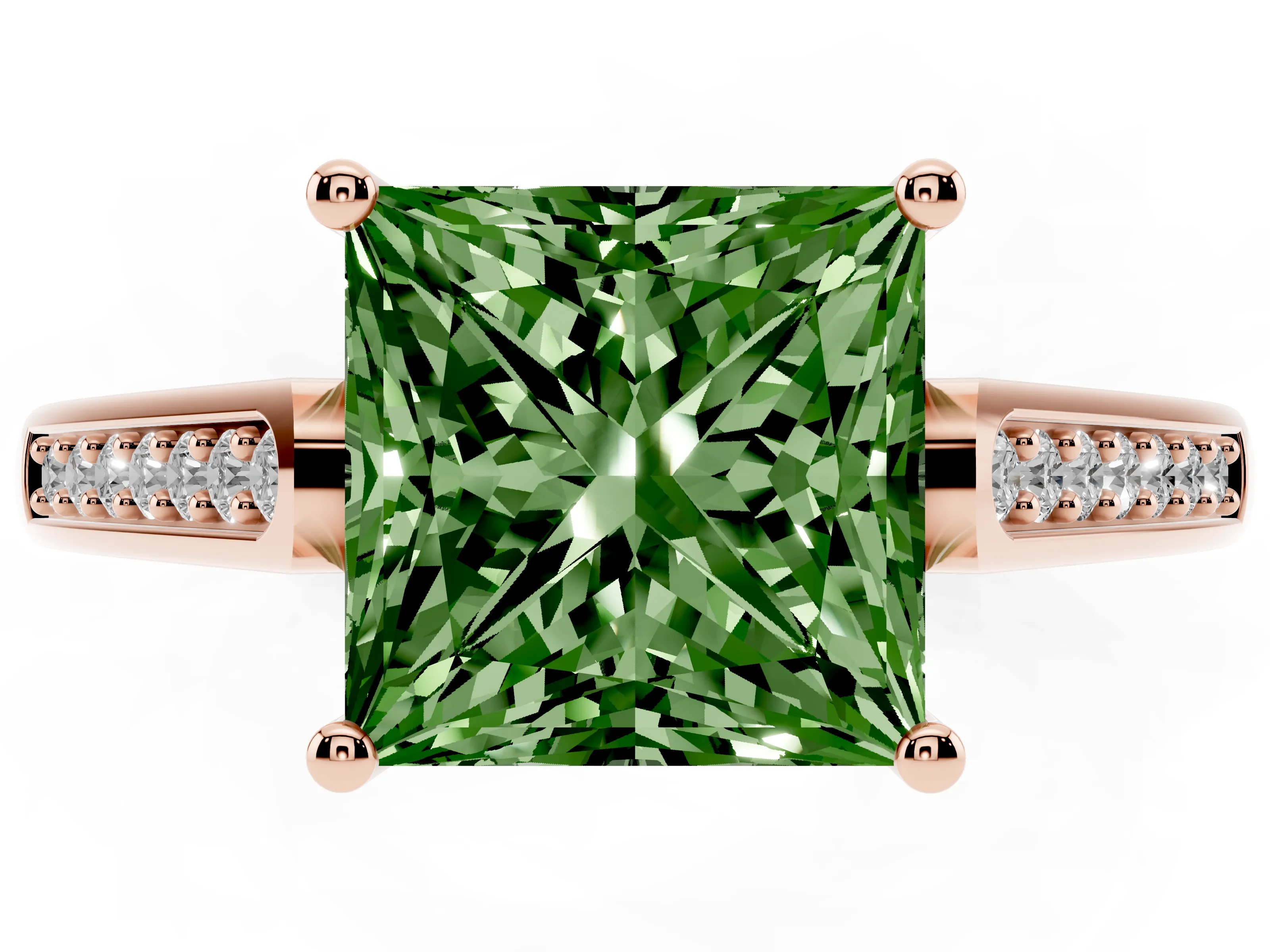 Fancy Green Princess Cut Diamond Solitaire Cathedral Engagement Ring Set in Rose gold with Channel-Set Band and Prong Setting