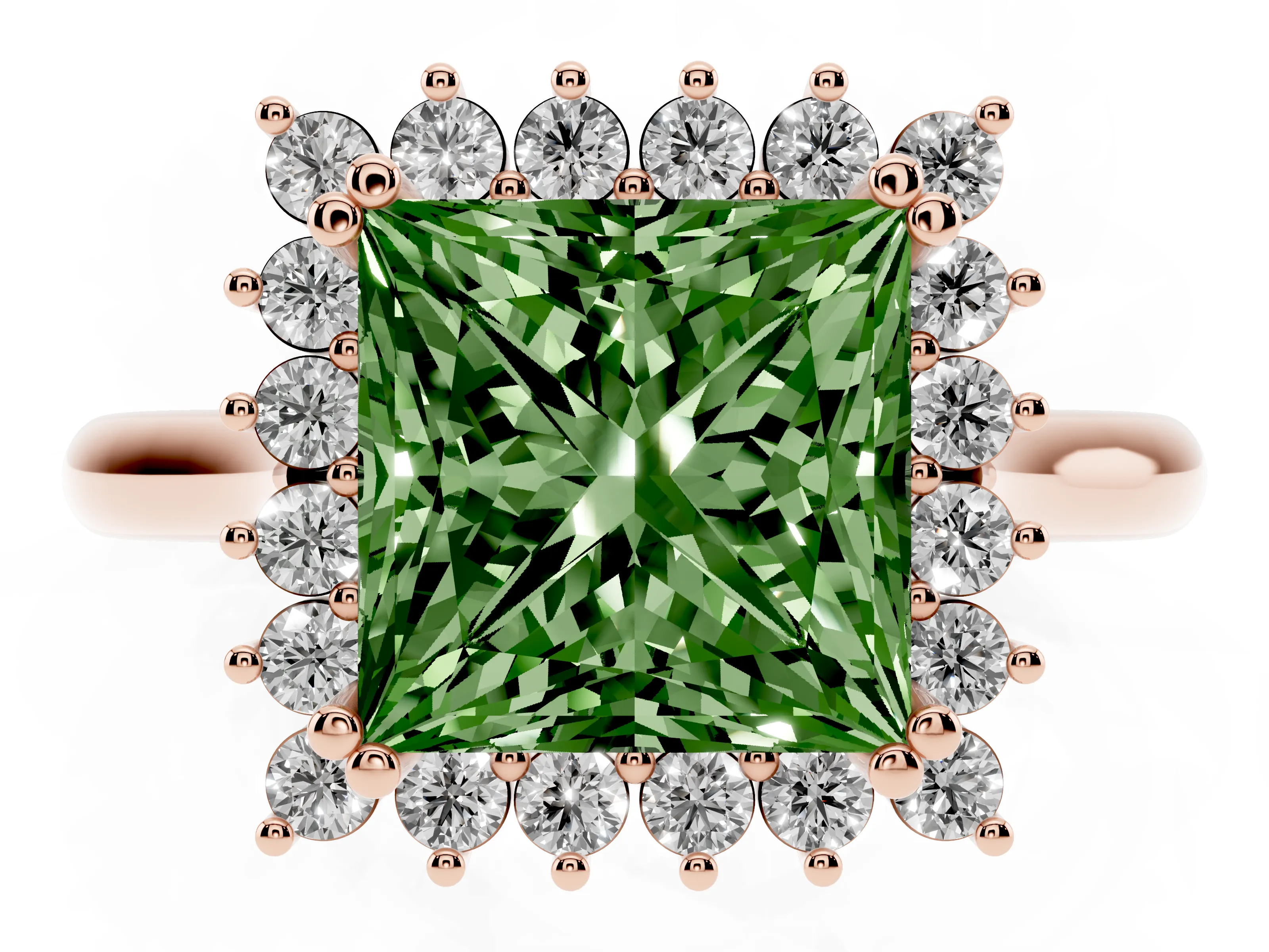 Fancy Green Princess Cut Diamond Halo Ring Set in Rose gold with Plain Solitaire Band and Prong Setting