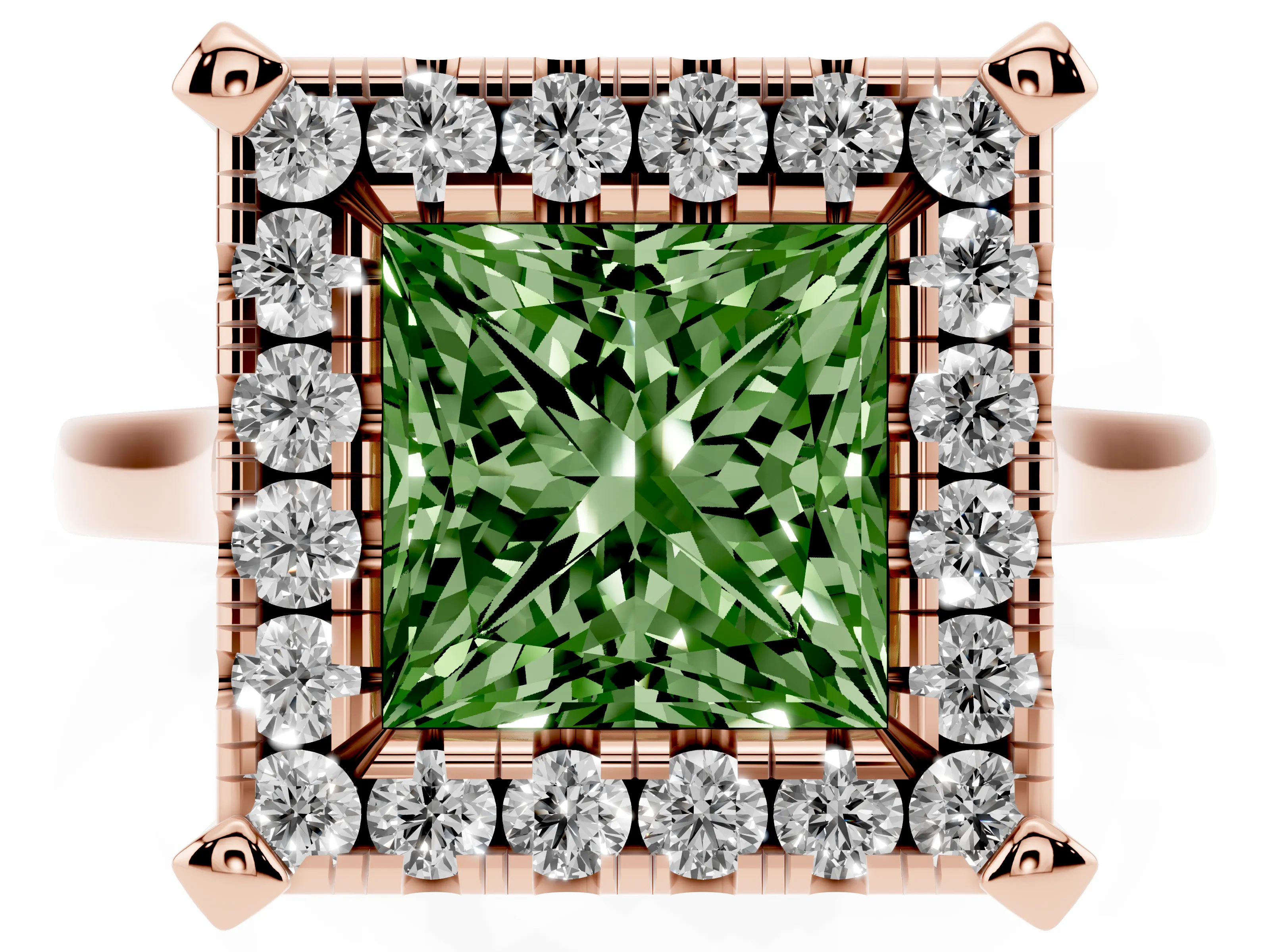 Fancy Green Princess Cut Diamond Cluster Halo Solitaire Ring Set in Rose gold with Prong Setting