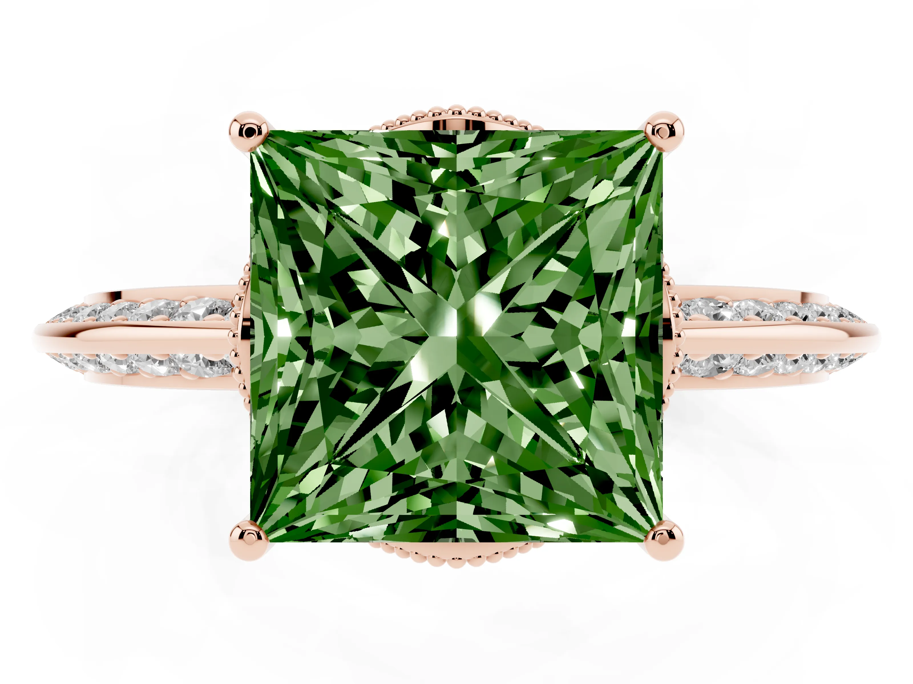 Fancy Green Princess Cut Diamond Solitaire Engagement Ring Set in Rose gold with Pavé Split Shank and Prong Setting