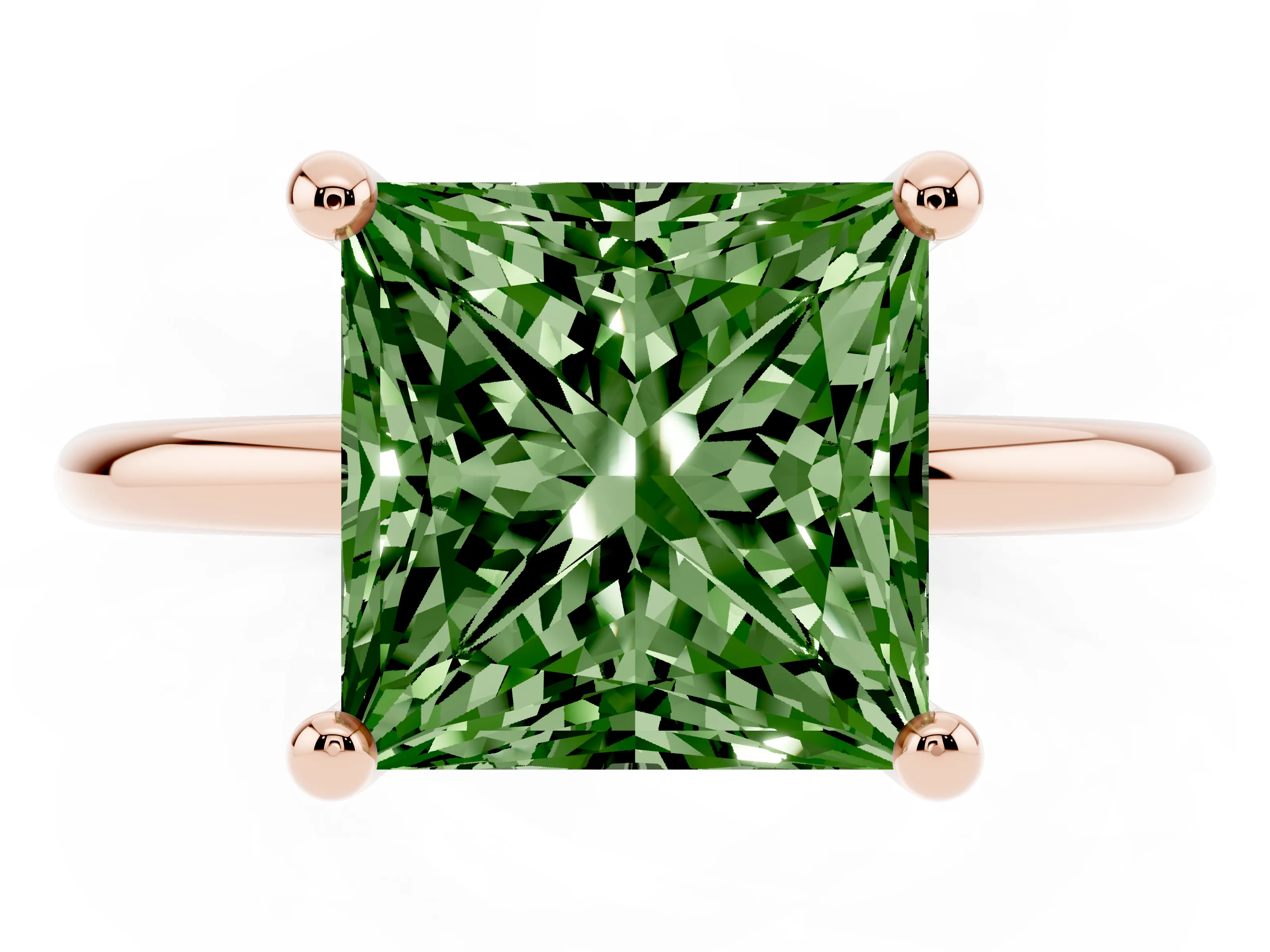 Fancy Green Princess Cut Diamond Solitaire Ring Set in Rose gold with Secure Prong Setting on a Classic Band