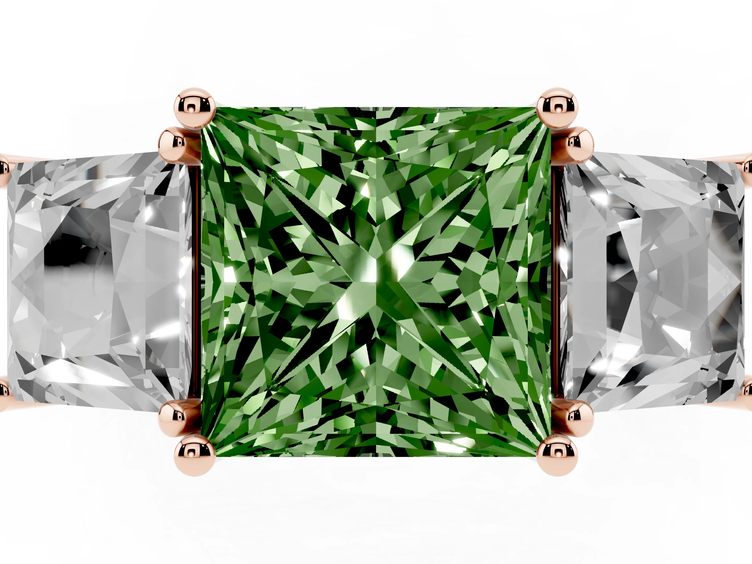Fancy Green Princess Cut Diamond Three-Stone Ring Set in Rose gold with Pavé Band